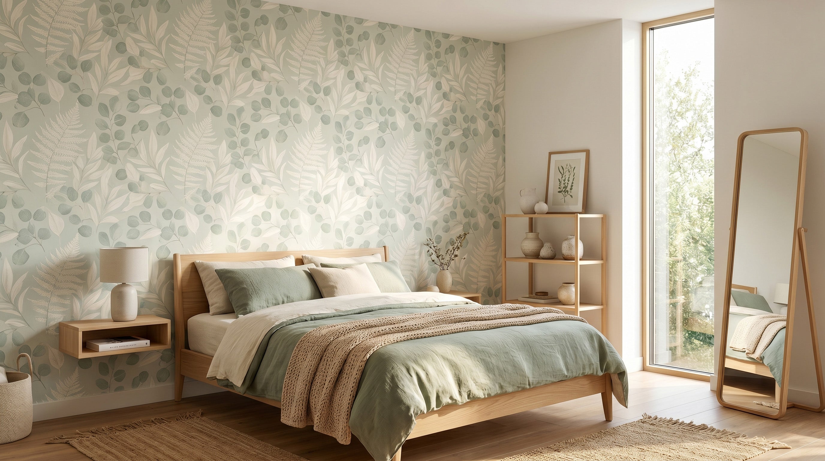 Best wallpaper for small rooms — small bedroom with botanical sage green feature wall by Wallpaper Pixi