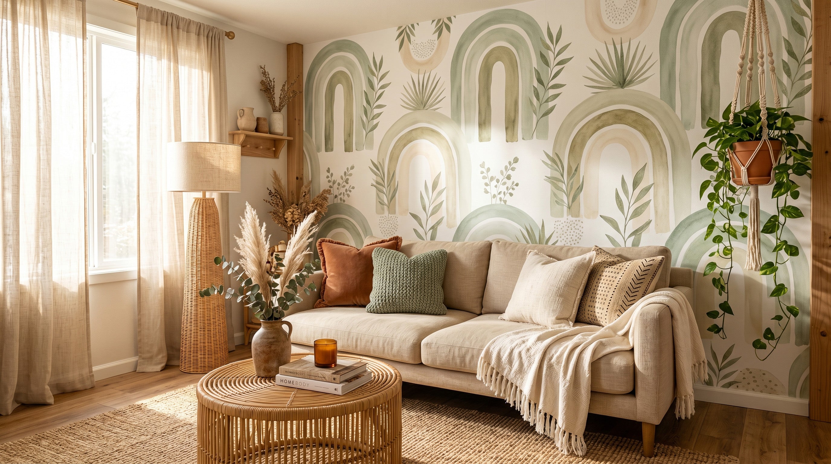 A breathtaking, ultra-realistic editorial living room interior with a full accent wall covered in a sage green boho arch peel and stick wallpaper.