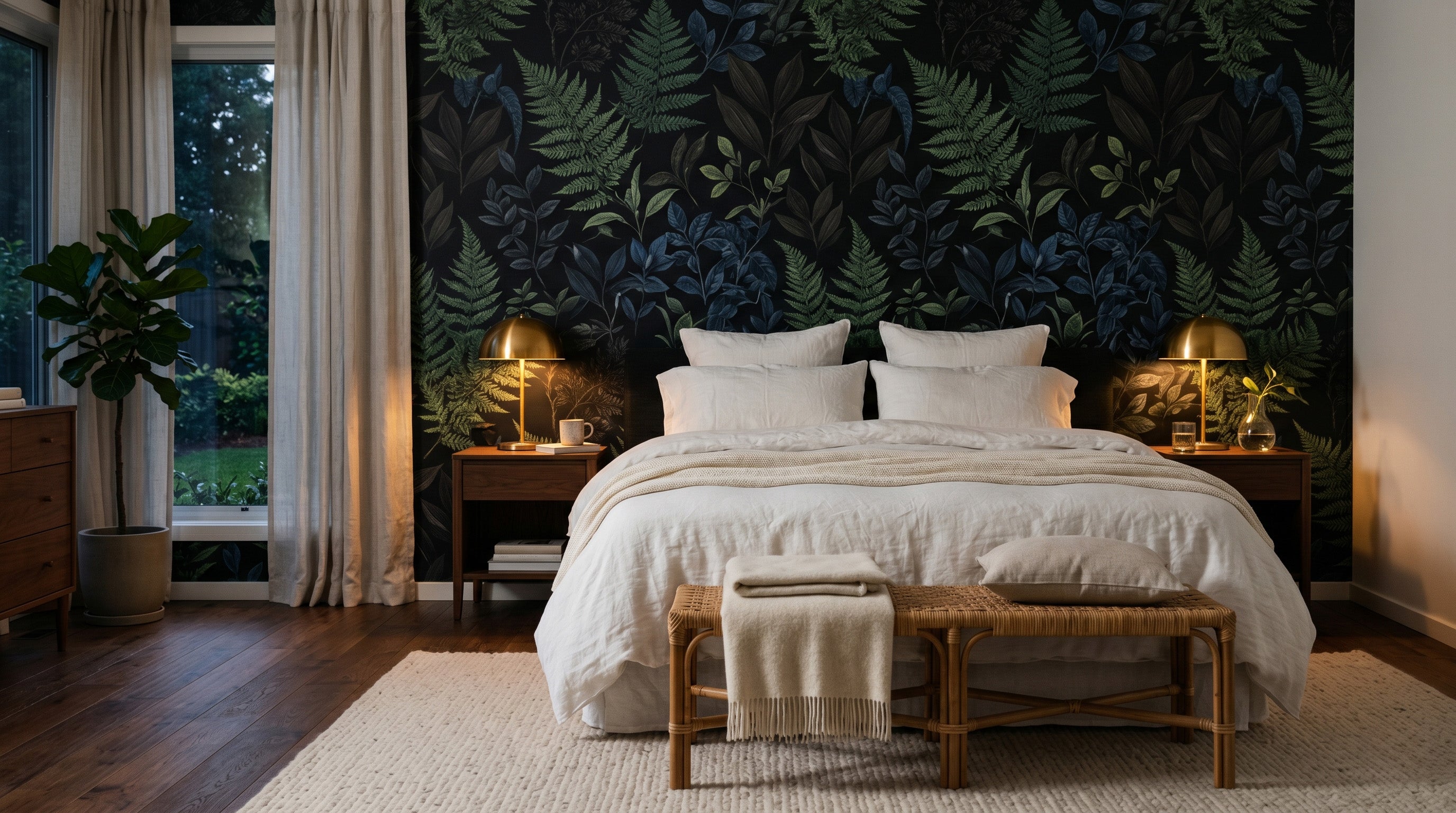Dark botanical peel and stick wallpaper accent wall in a modern bedroom — lush midnight ferns and deep green foliage on a black background, styled with white linen bedding, brass table lamps, and a rattan bench by WallpaperPixi
