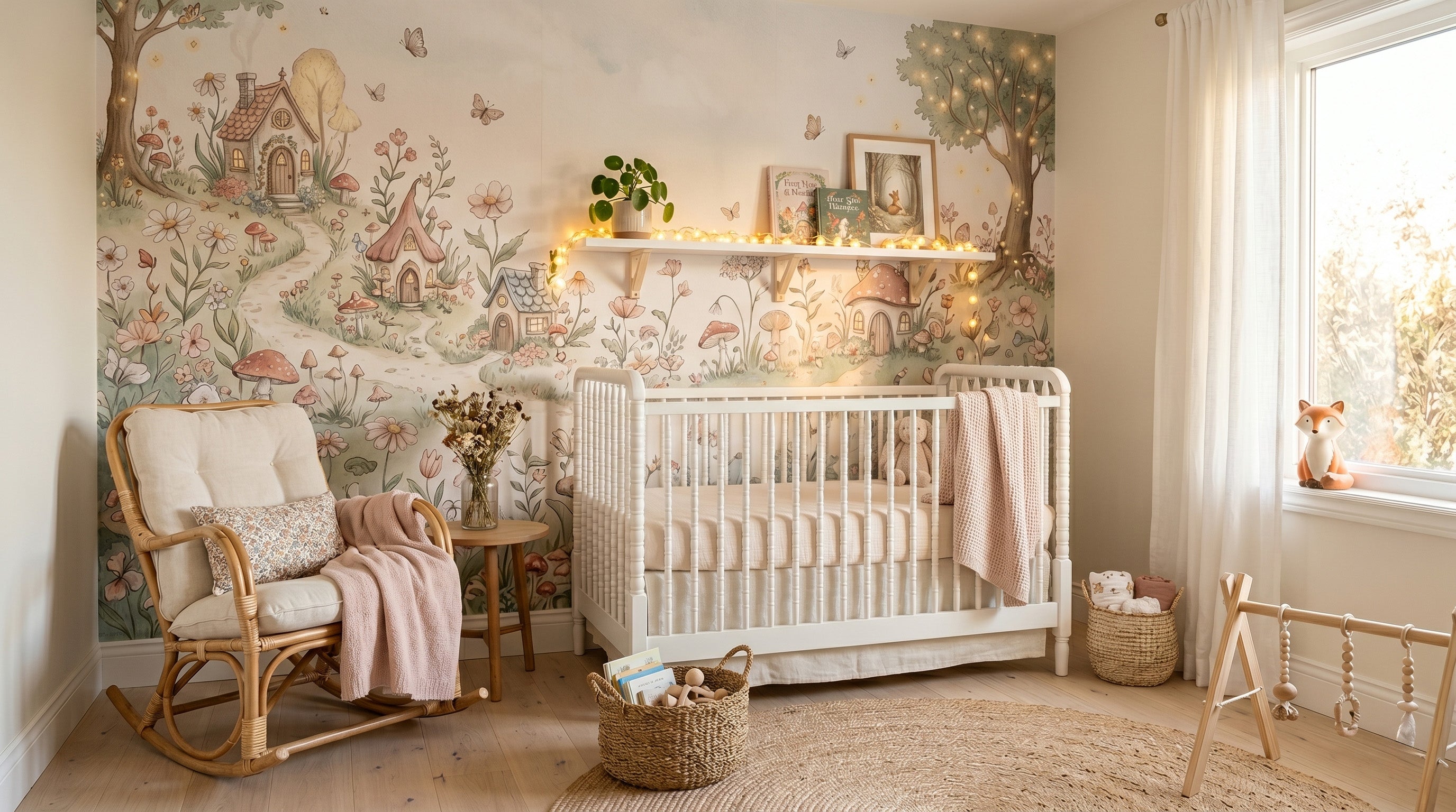 6 NURSERY TRENDS 2026" over a bright editorial fairy nursery with enchanted fairy garden mural behind white crib — most-saved nursery wallpaper trends guide WallpaperPixi.