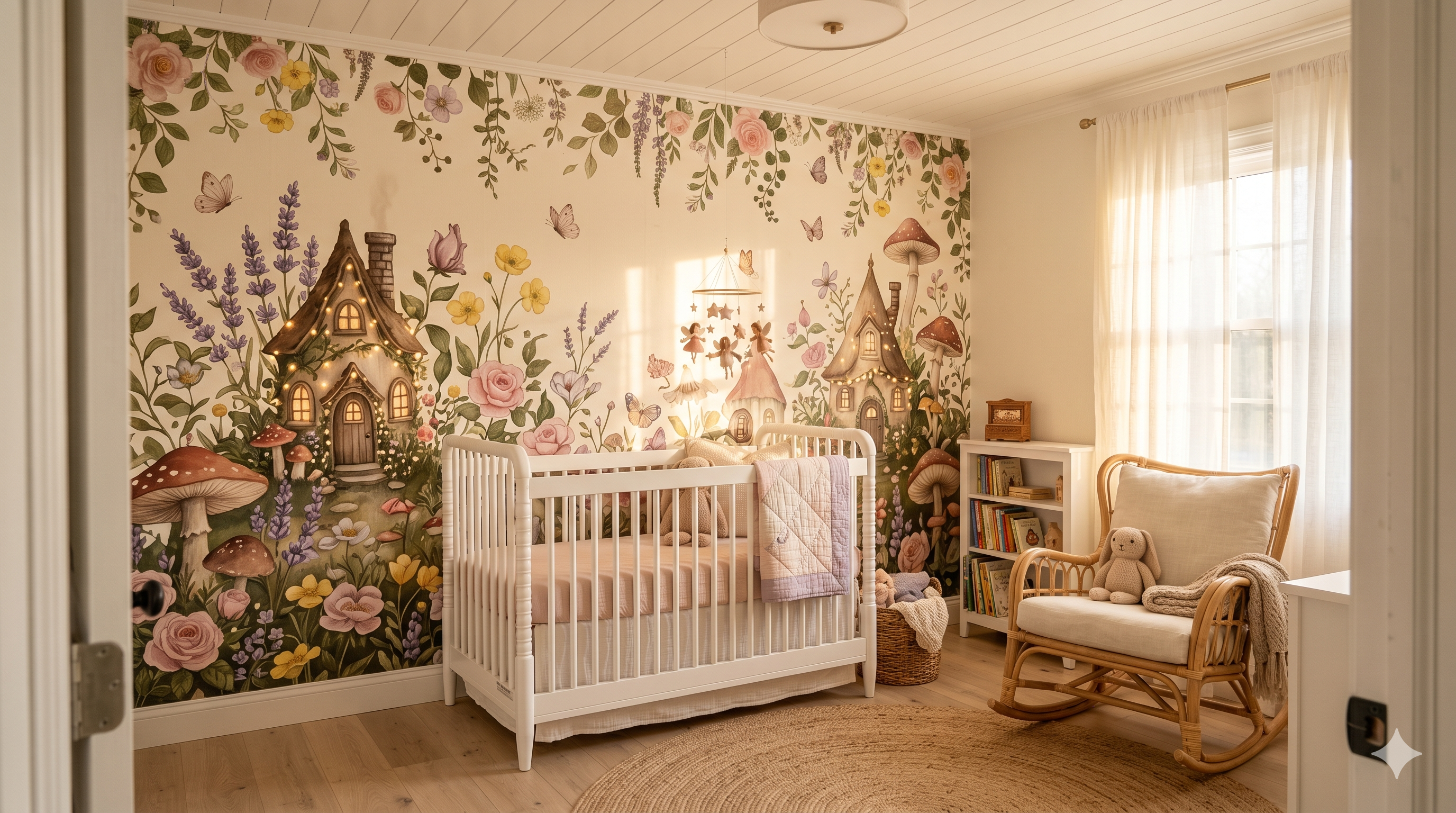 A cosy gender-neutral nursery with a woodland fairy forest peel and stick wallpaper mural behind a natural wood crib — birch trees, woodland animals, and hidden fairy elements in earthy greens and browns.