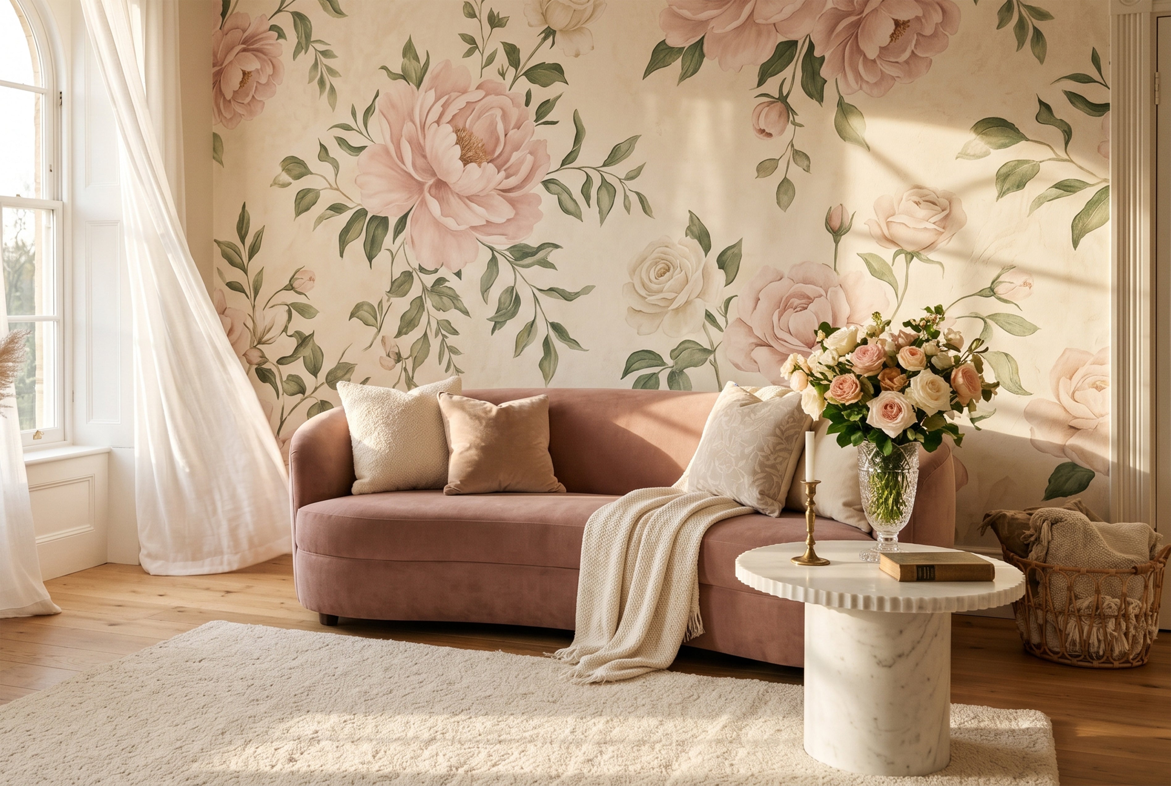 Floral peel and stick wallpaper with botanical flower designs