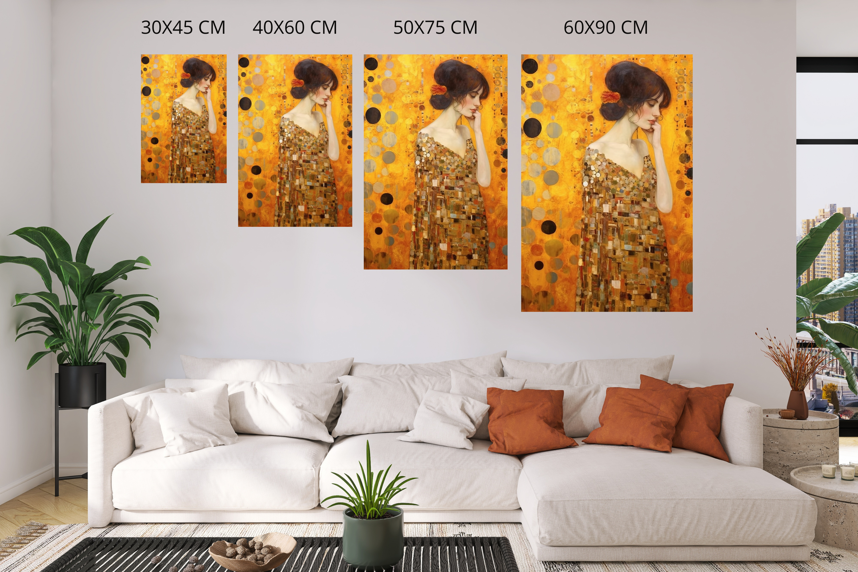 Gustav Klimt Inspired Art Nouveau Golden Woman Canvas Print above a modern sofa