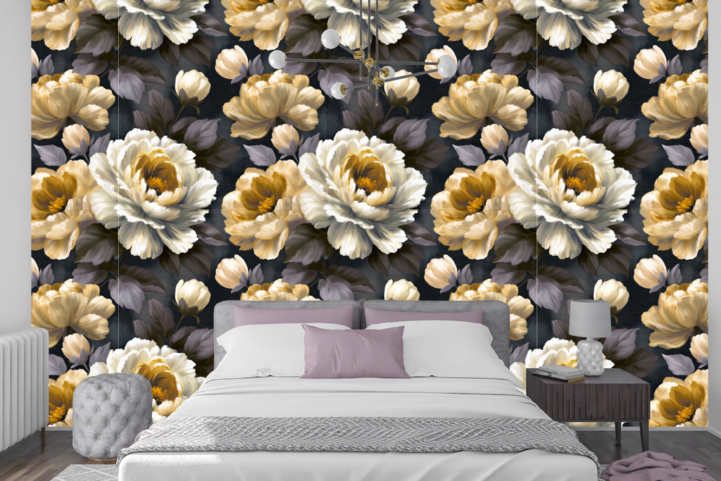 Dark peony wallpaper featuring oil painted cream and butter yellow peony blooms, mocha brown and slate grey leaves, and ivory rosebuds on a deep midnight navy linen-texture background — premium dark moody floral wallpaper by WallpaperPixi