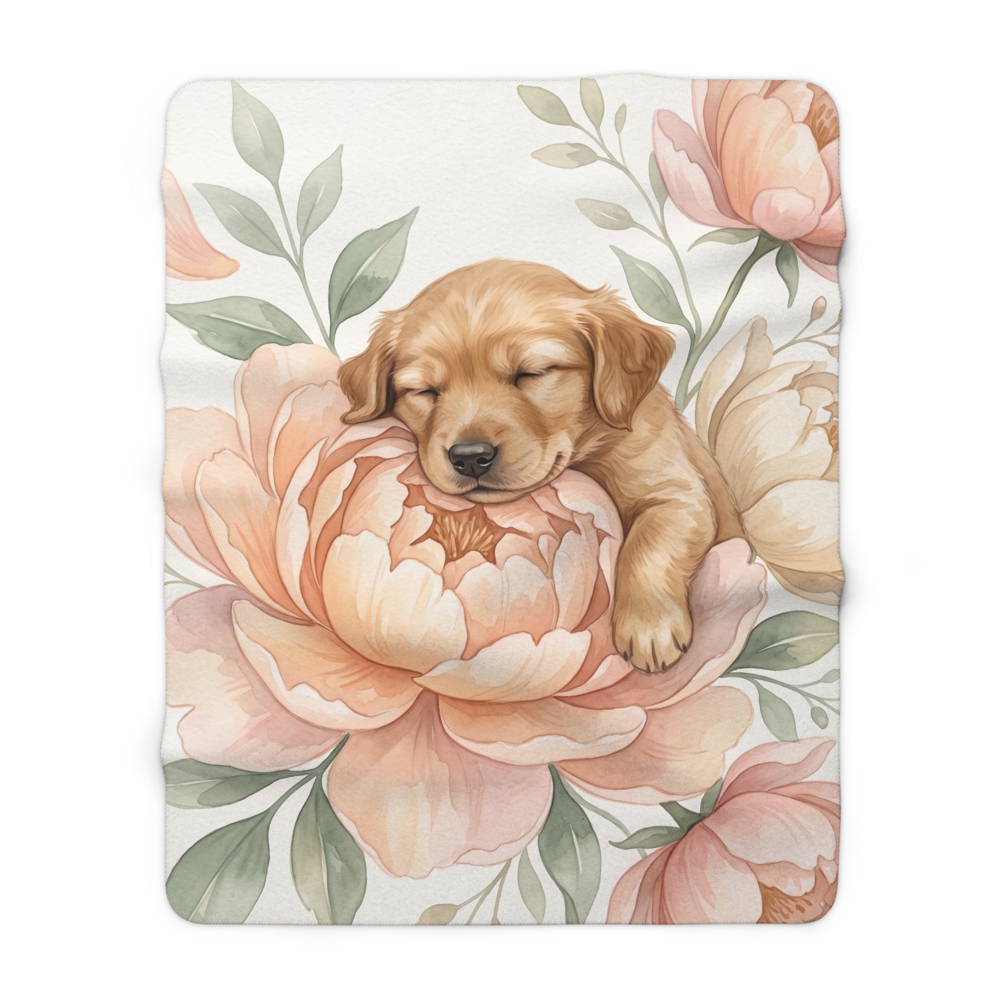 Watercolor Sleeping Puppy & Peony Sherpa Fleece Blanket Floral Cozy Throw