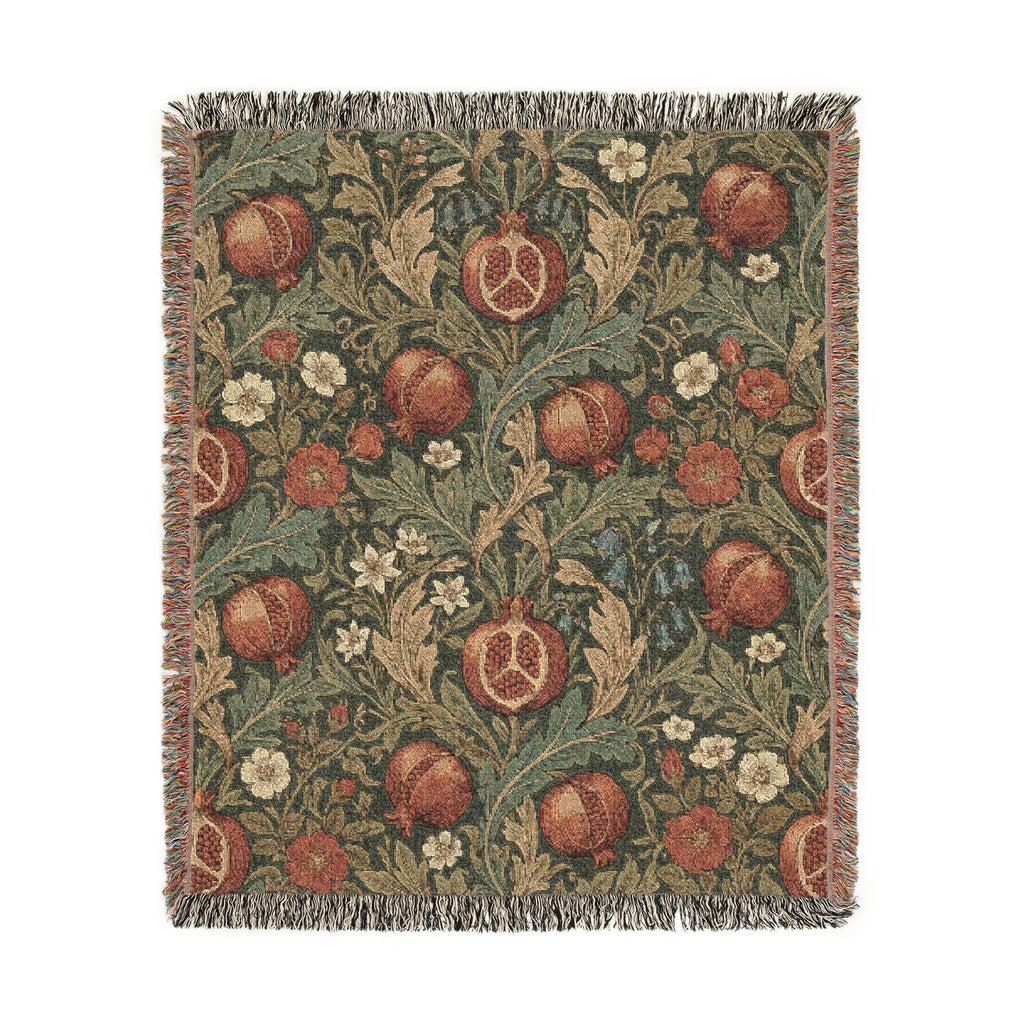 Vintage William Morris Pomegranate Woven Throw Blanket Olive Botanical Tapestry