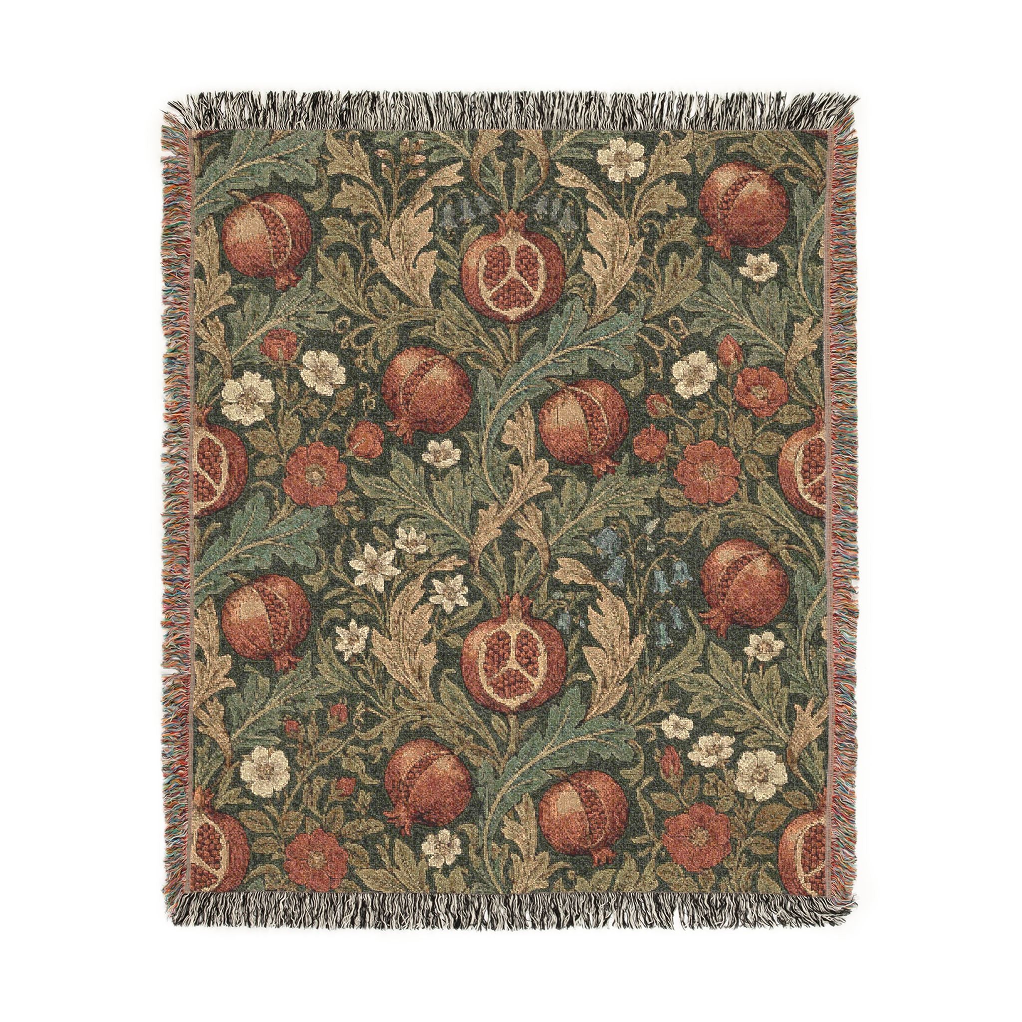 Vintage William Morris Pomegranate Woven Throw Blanket Olive Botanical Tapestry