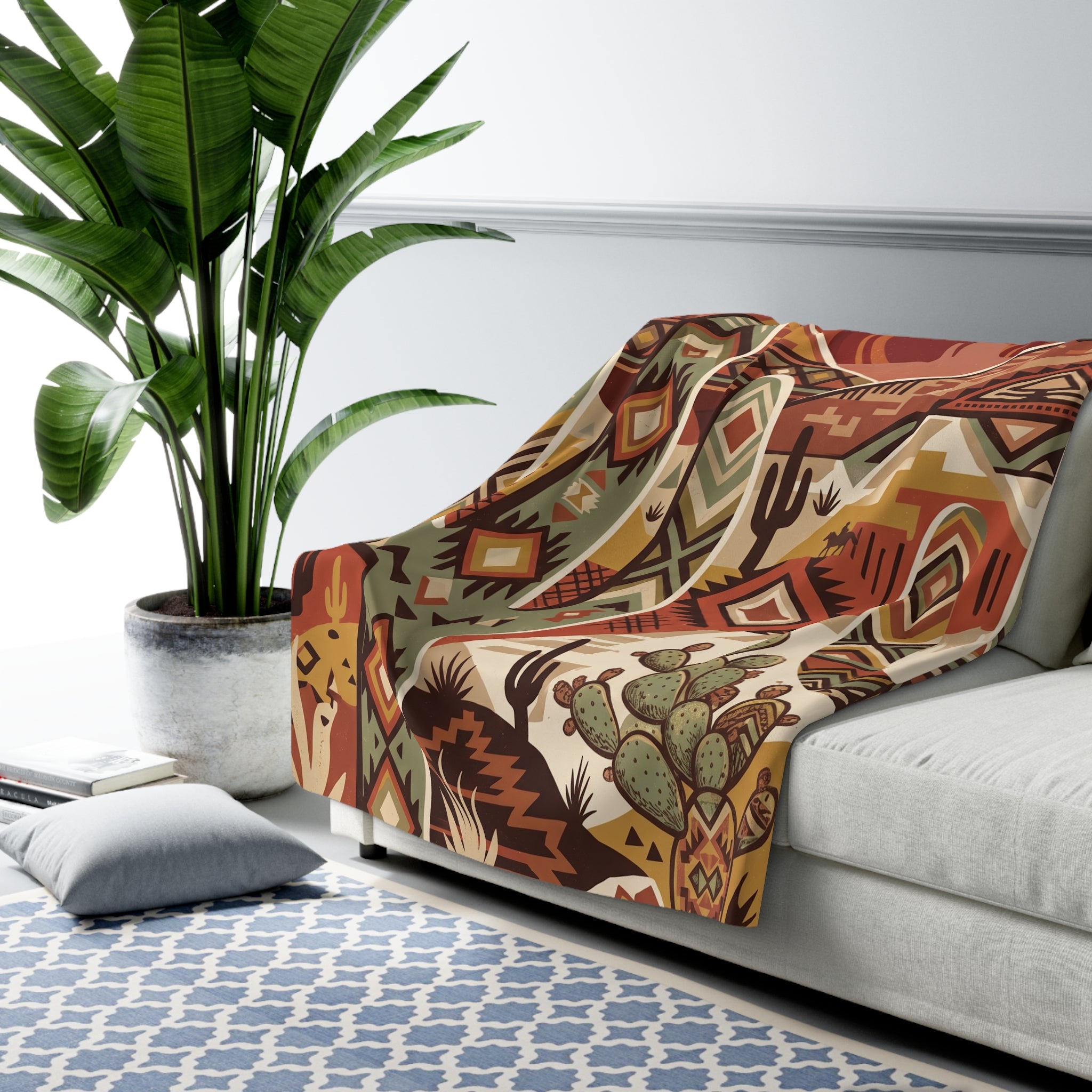 Southwestern Geometric Desert Sherpa Fleece Blanket Boho Cactus Throw