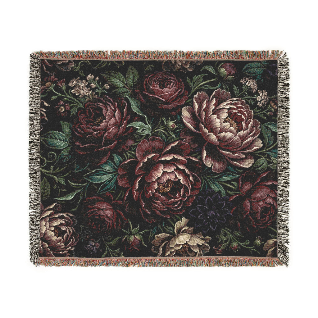 Dark Floral Peony Woven Throw Blanket Moody Botanical Tapestry
