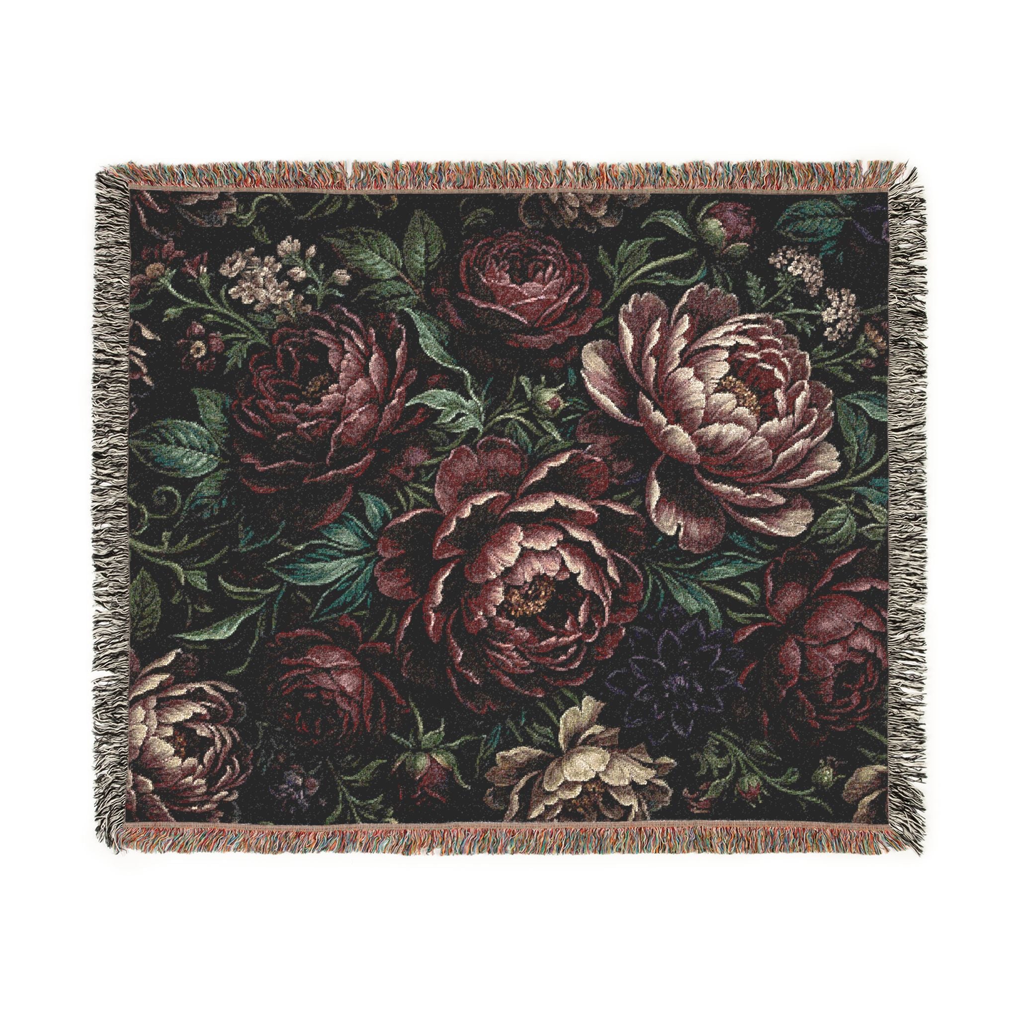 Dark Floral Peony Woven Throw Blanket Moody Botanical Tapestry