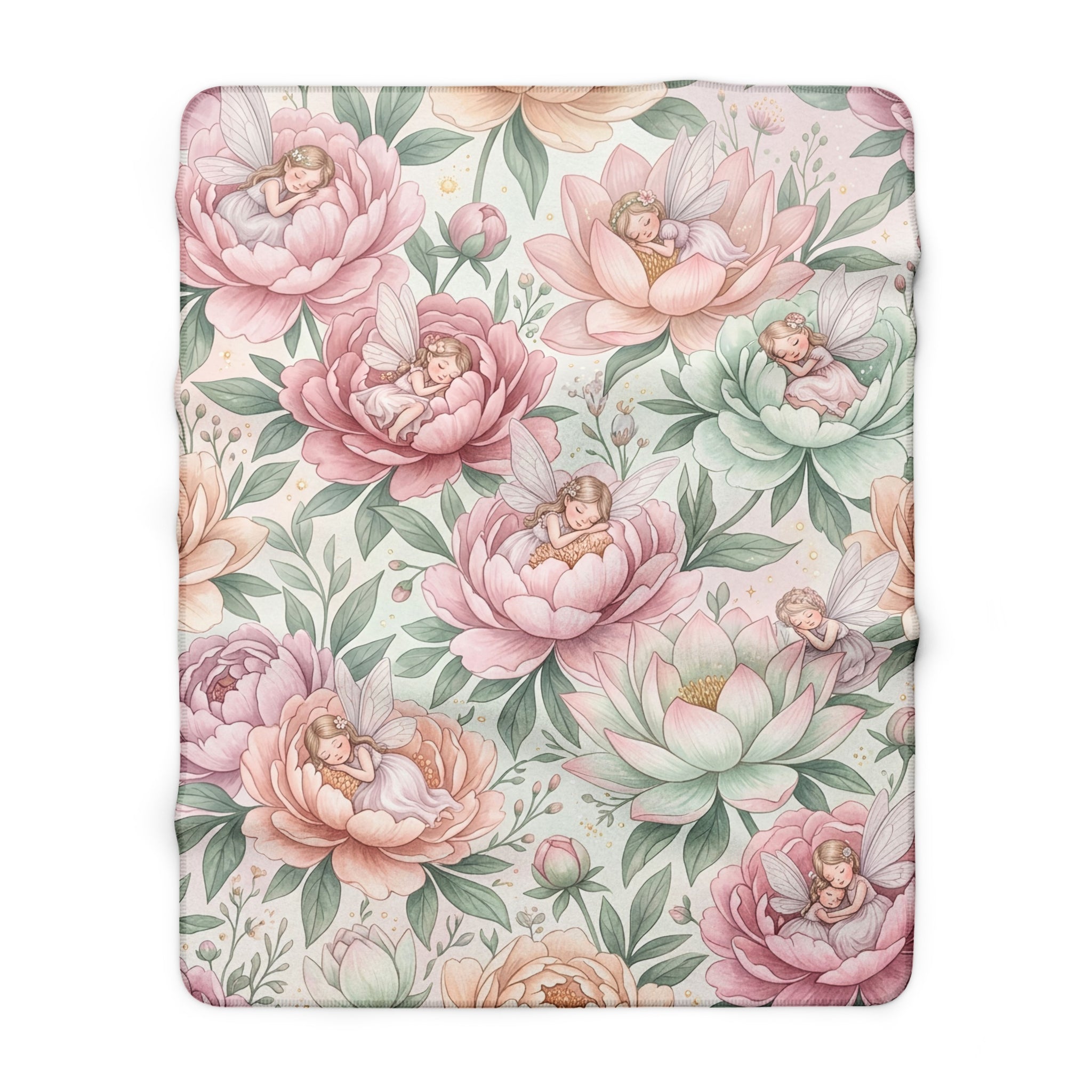 Watercolor Sleeping Pixie & Floral Sherpa Fleece Blanket Fairycore Nursery Throw