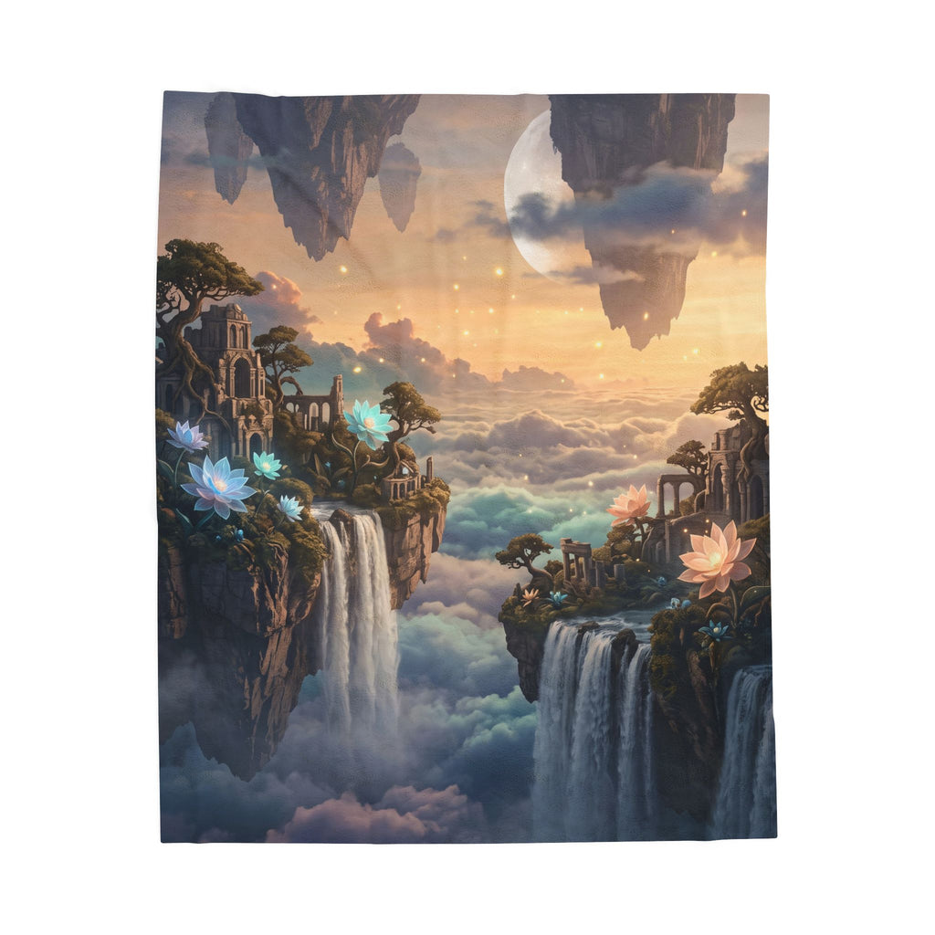 Fantasy Floating Island Plush Throw Blanket Dreamy Lotus Waterfall Velvety Blanket