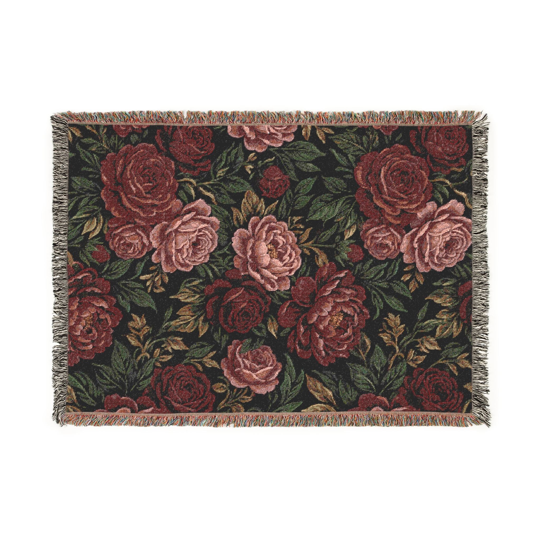 Vintage Moody Floral Woven Throw Blanket Dark Botanical Rose Tapestry