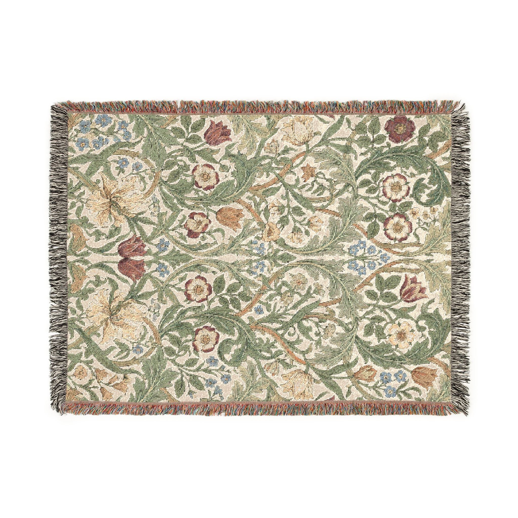 Vintage William Morris Style Floral Woven Throw Blanket Cottagecore Botanical Tapestry
