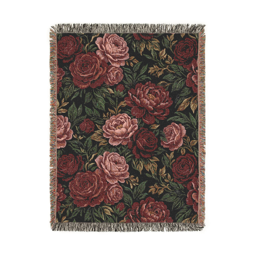 Vintage Moody Floral Woven Throw Blanket Dark Botanical Rose Tapestry