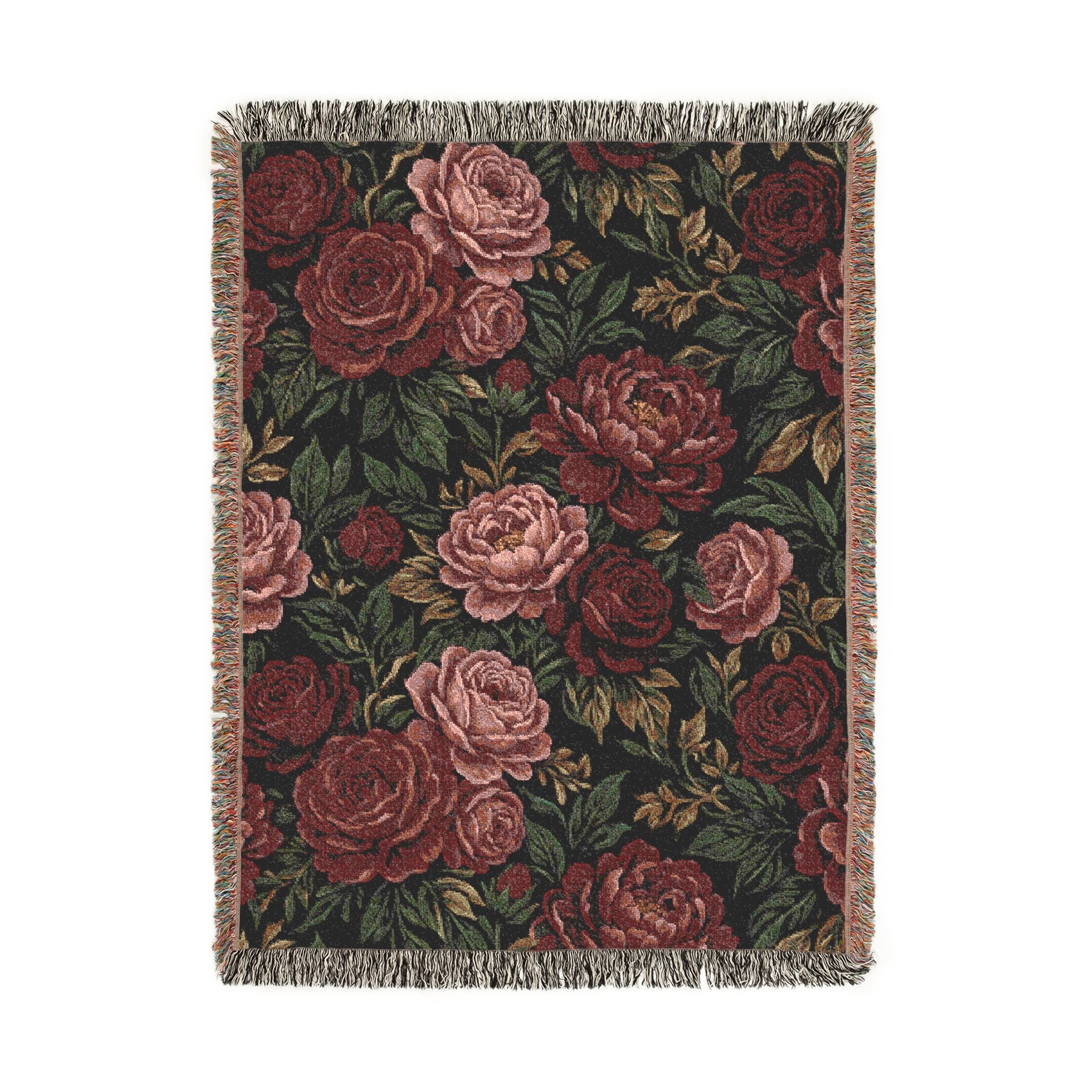 Vintage Moody Floral Woven Throw Blanket Dark Botanical Rose Tapestry