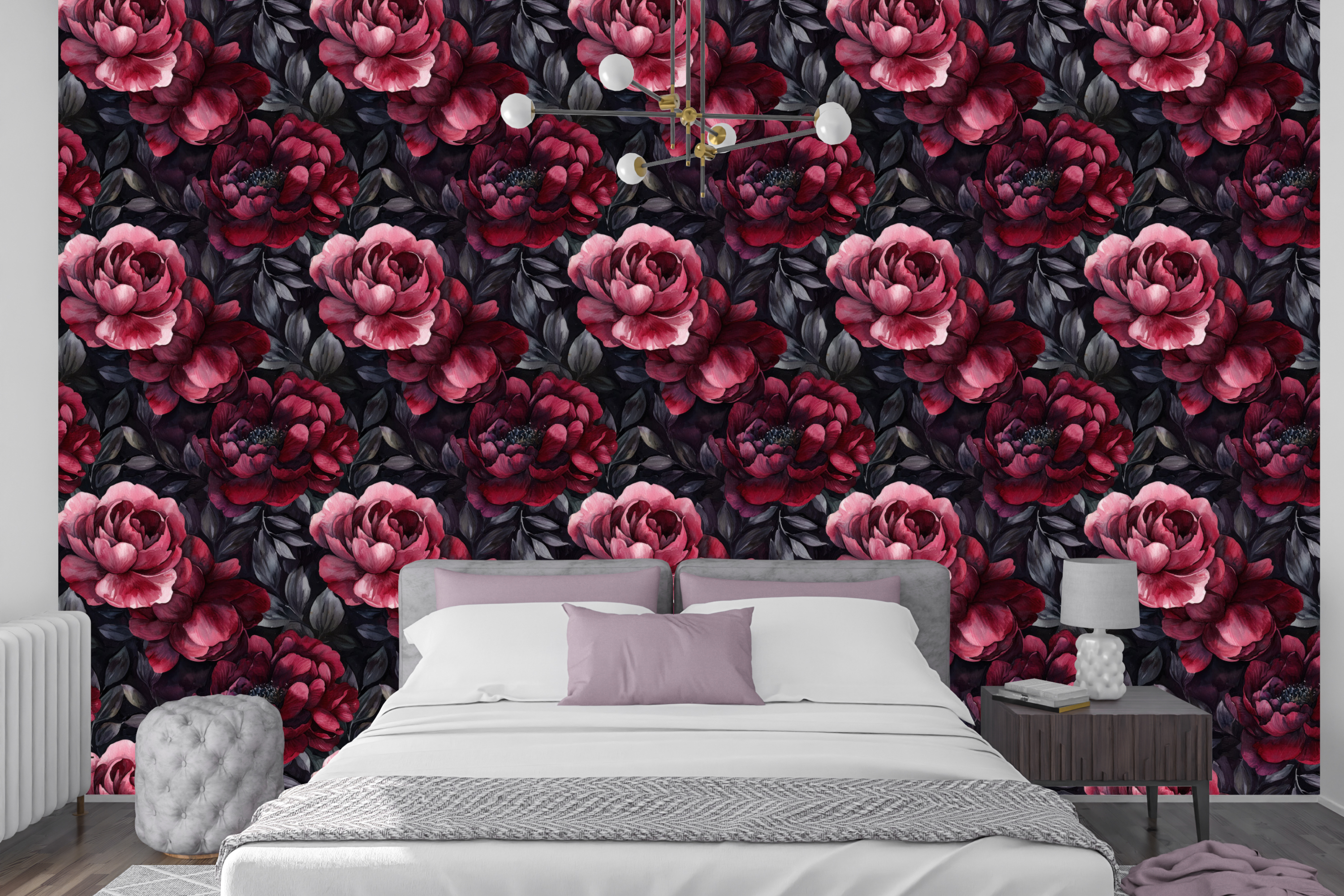 Dark moody watercolour peony wallpaper featuring oversized crimson and blush pink peony blooms in full-bleed composition with deep burgundy petals and charcoal slate grey foliage on a near-black ground — premium dark romantic floral wallpaper by WallpaperPixi