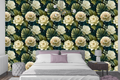 Dark moody tropical wallpaper featuring oversized oil-painted ivory and cream peony blooms with golden centres, lush monstera fronds, golden fern fronds, and deep teal foliage on a rich near-black ground — premium dark botanical floral wallpaper by WallpaperPixi