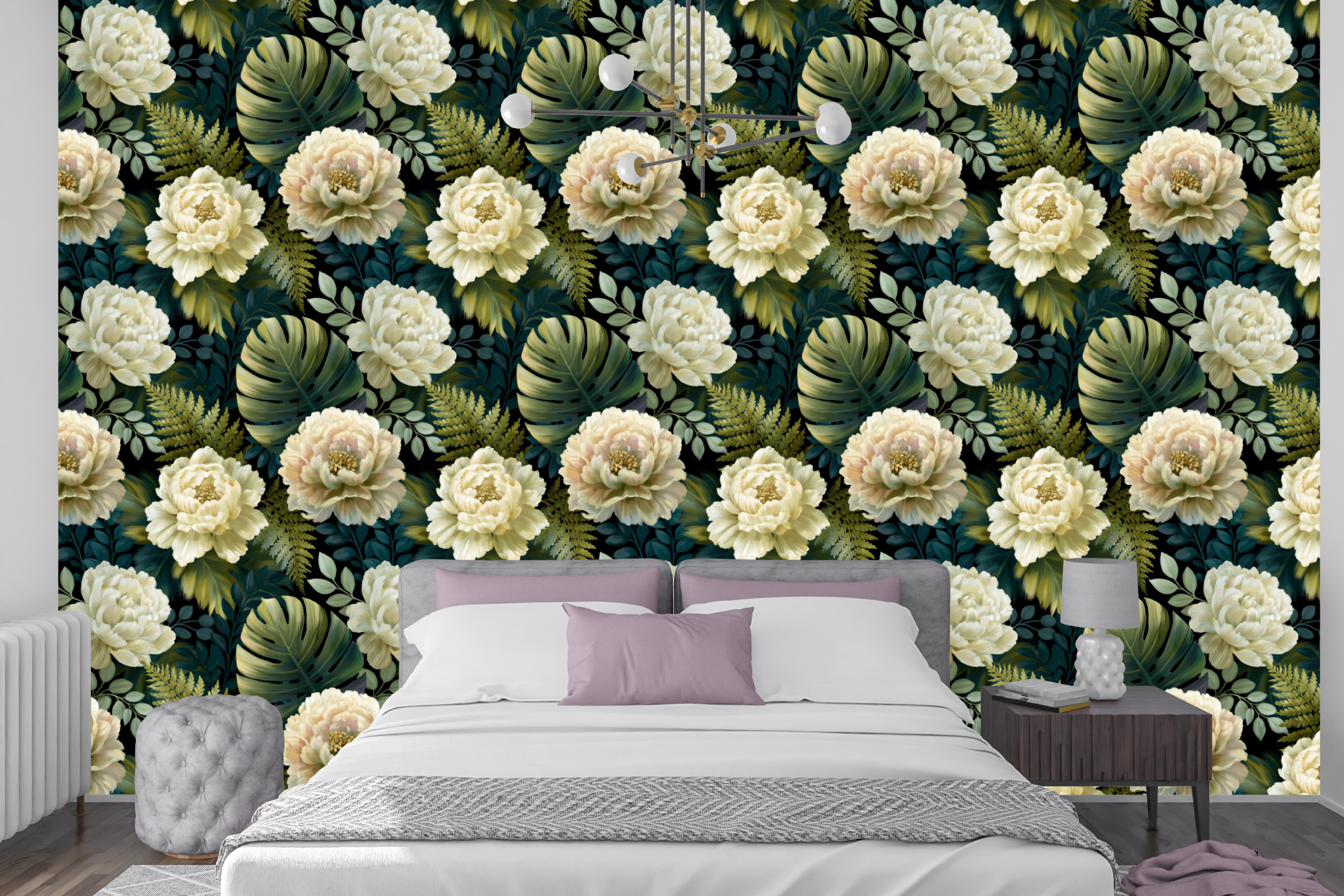 Dark moody tropical wallpaper featuring oversized oil-painted ivory and cream peony blooms with golden centres, lush monstera fronds, golden fern fronds, and deep teal foliage on a rich near-black ground — premium dark botanical floral wallpaper by WallpaperPixi