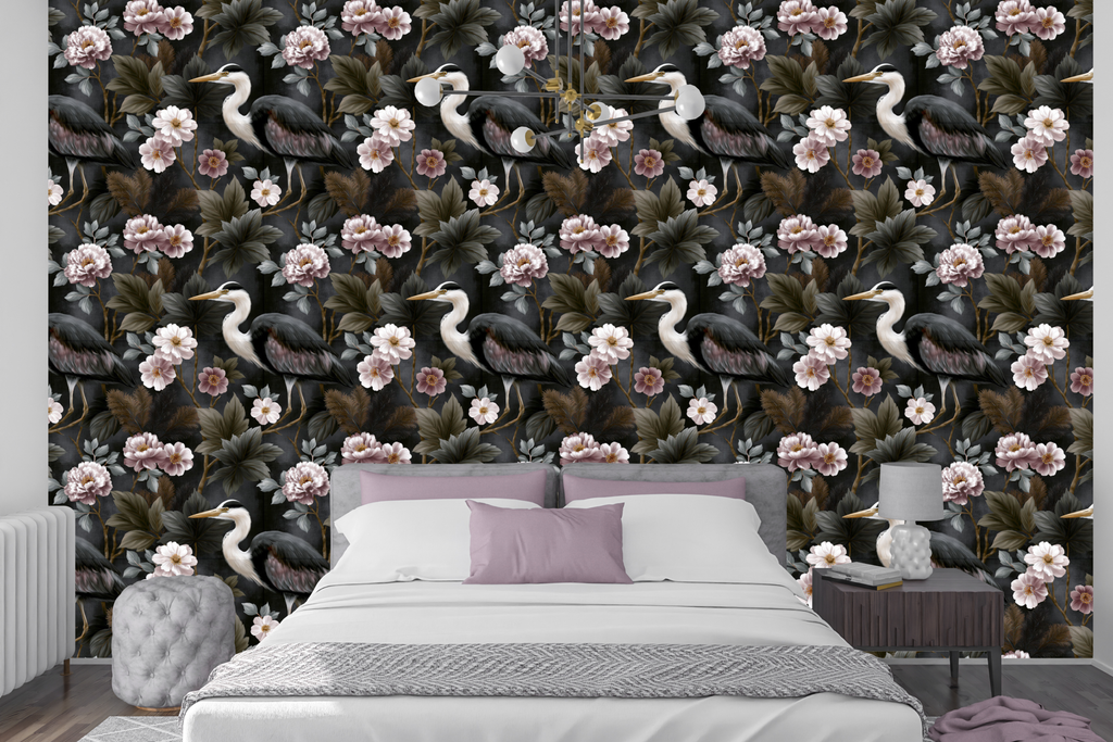 Dark Heron Wallpaper Chinoiserie Peony Floral Living Room Decal