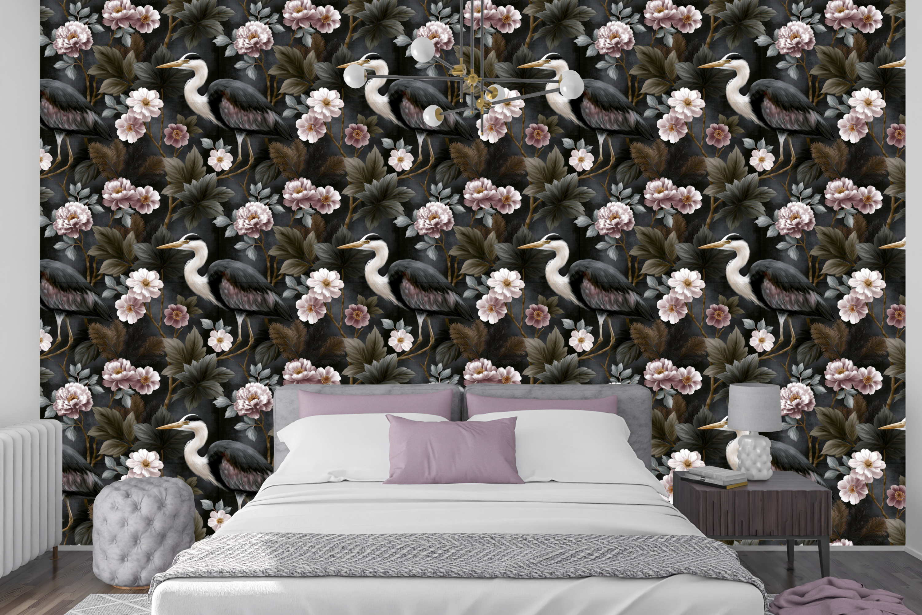 Dark Heron Wallpaper Chinoiserie Peony Floral Living Room Decal