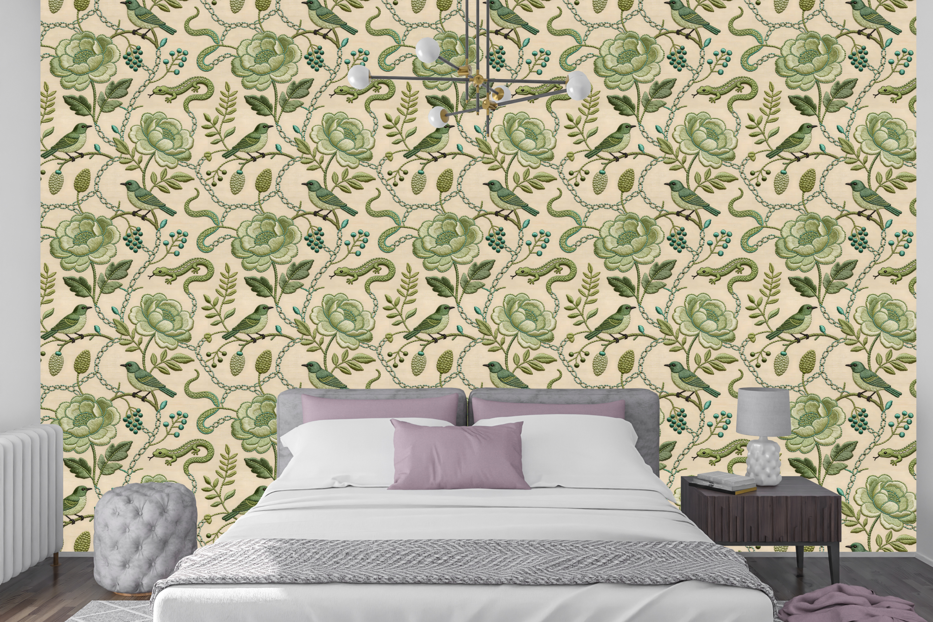 Faux embroidered chinoiserie wallpaper featuring green songbirds perched on curving branches, satin-stitch peony roses, chain-stitch trailing vines, teal berry clusters, and a hidden lizard in a tonal green palette on warm cream silk-textured ground — premium heritage craft wallpaper by WallpaperPixi