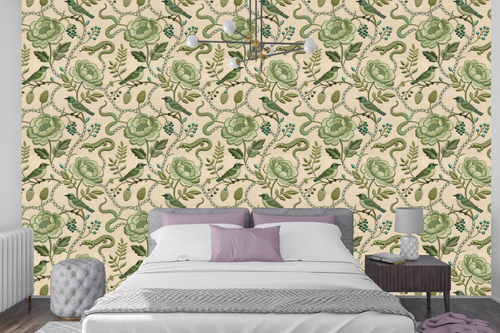 Faux embroidered chinoiserie wallpaper featuring green songbirds perched on curving branches, satin-stitch peony roses, chain-stitch trailing vines, teal berry clusters, and a hidden lizard in a tonal green palette on warm cream silk-textured ground — premium heritage craft wallpaper by WallpaperPixi