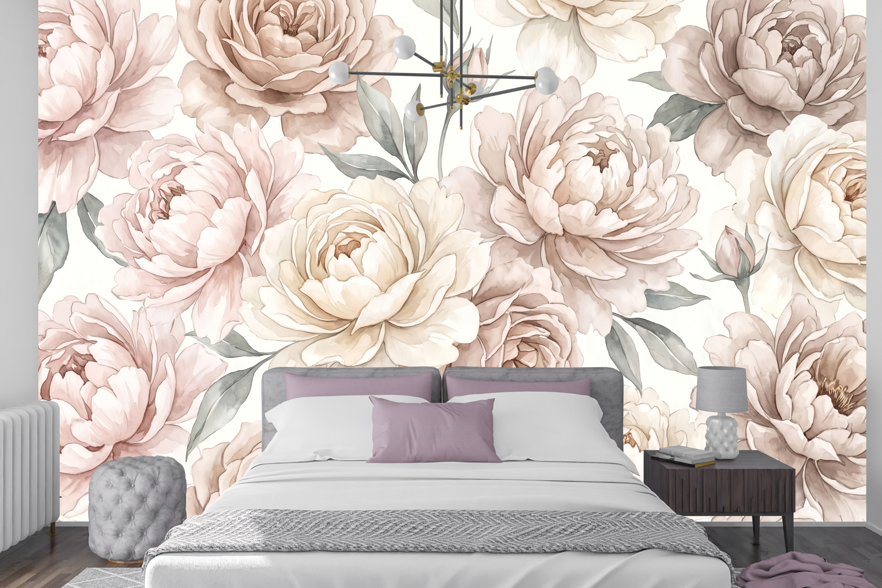 Vintage watercolor peony wallpaper in a romantic blush pink bedroom