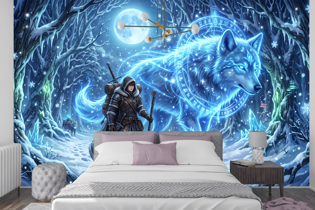 Epic Fantasy Spirit Wolf Anime Mural Magical Winter Warrior Landscape Wallpaper
