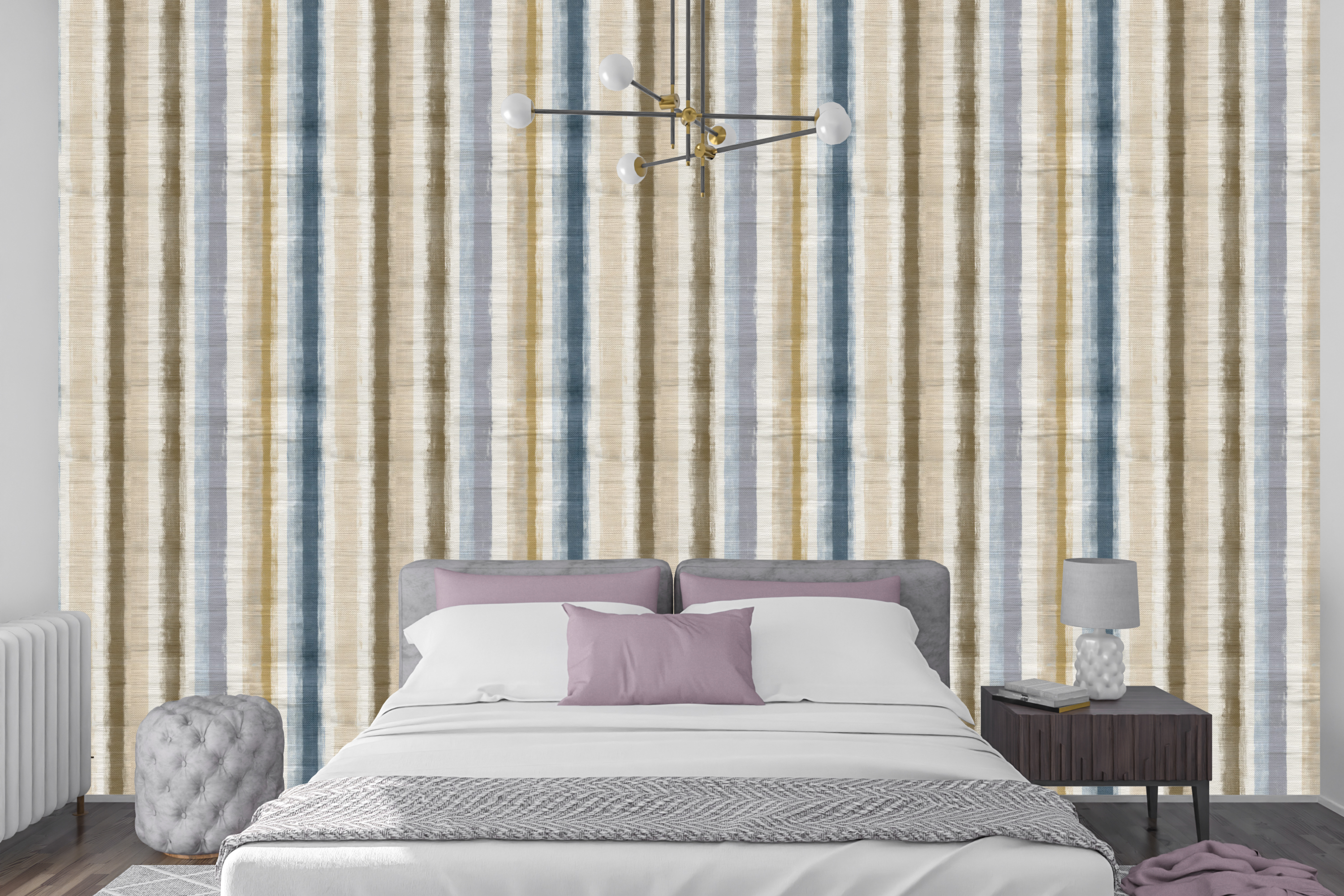 Calming coastal stripe wallpaper creating a serene accent wall in a cozy modern bedroom