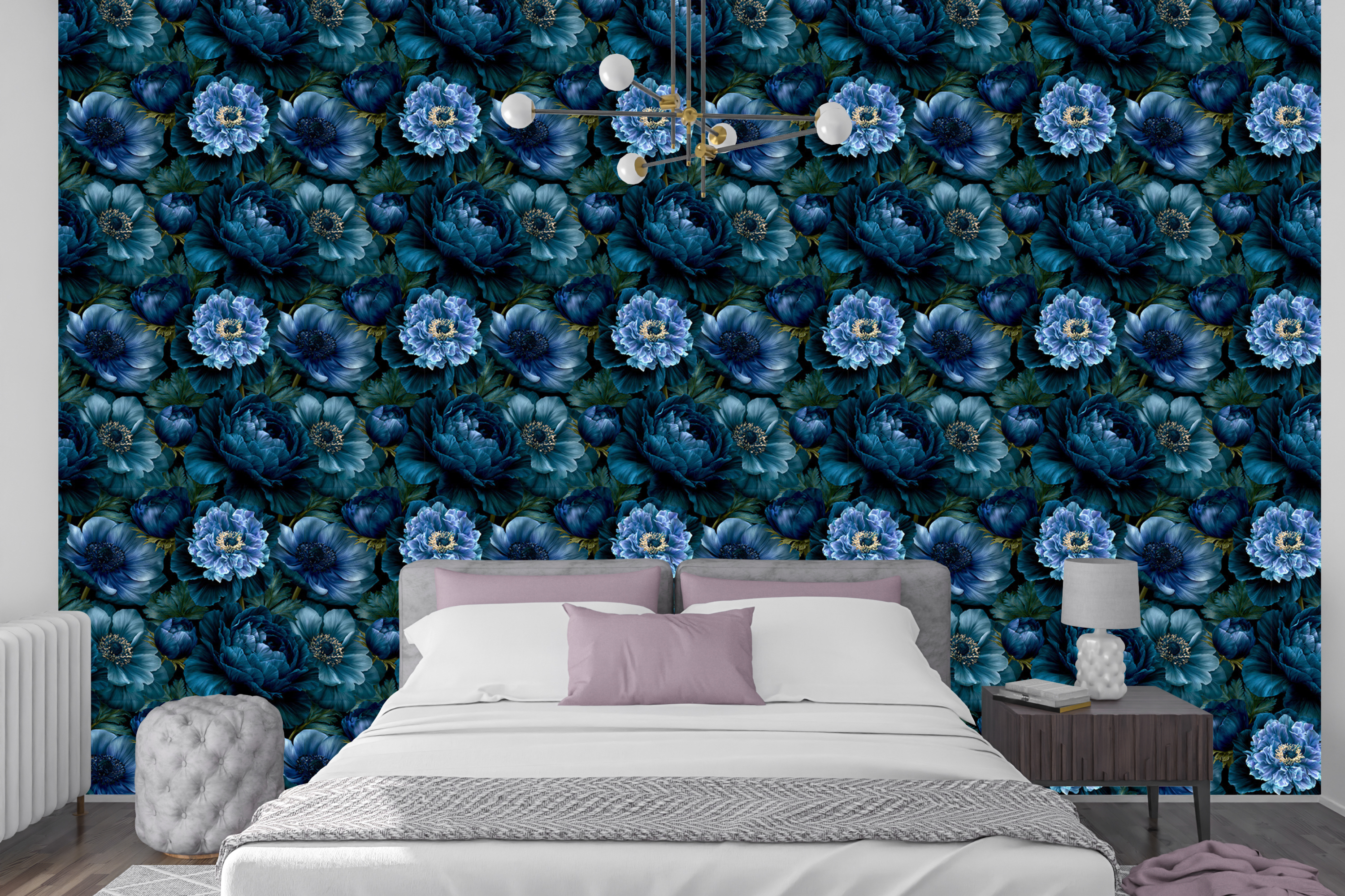 Dark gothic floral wallpaper with oversized blue blossoms and layered botanical petals on a black background