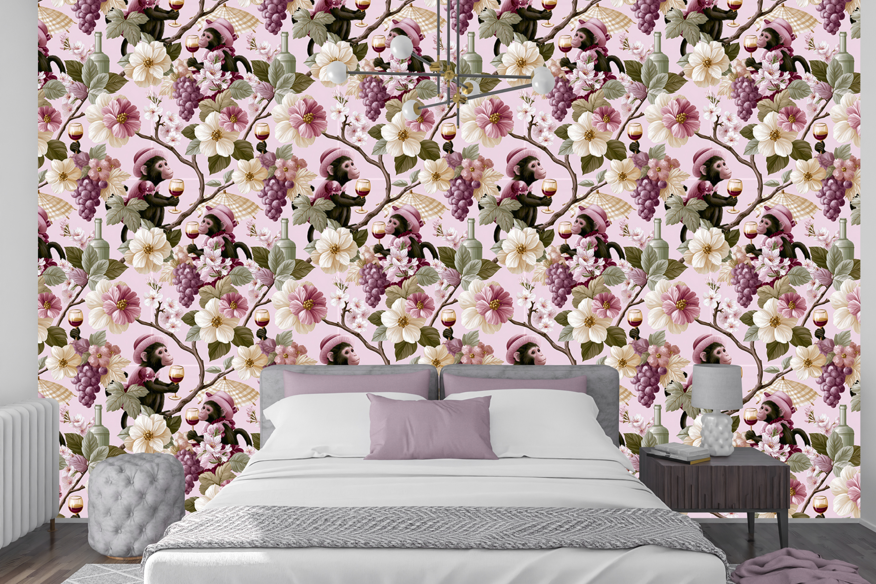 Chinoiserie Monkey Wallpaper Pink Singerie Floral