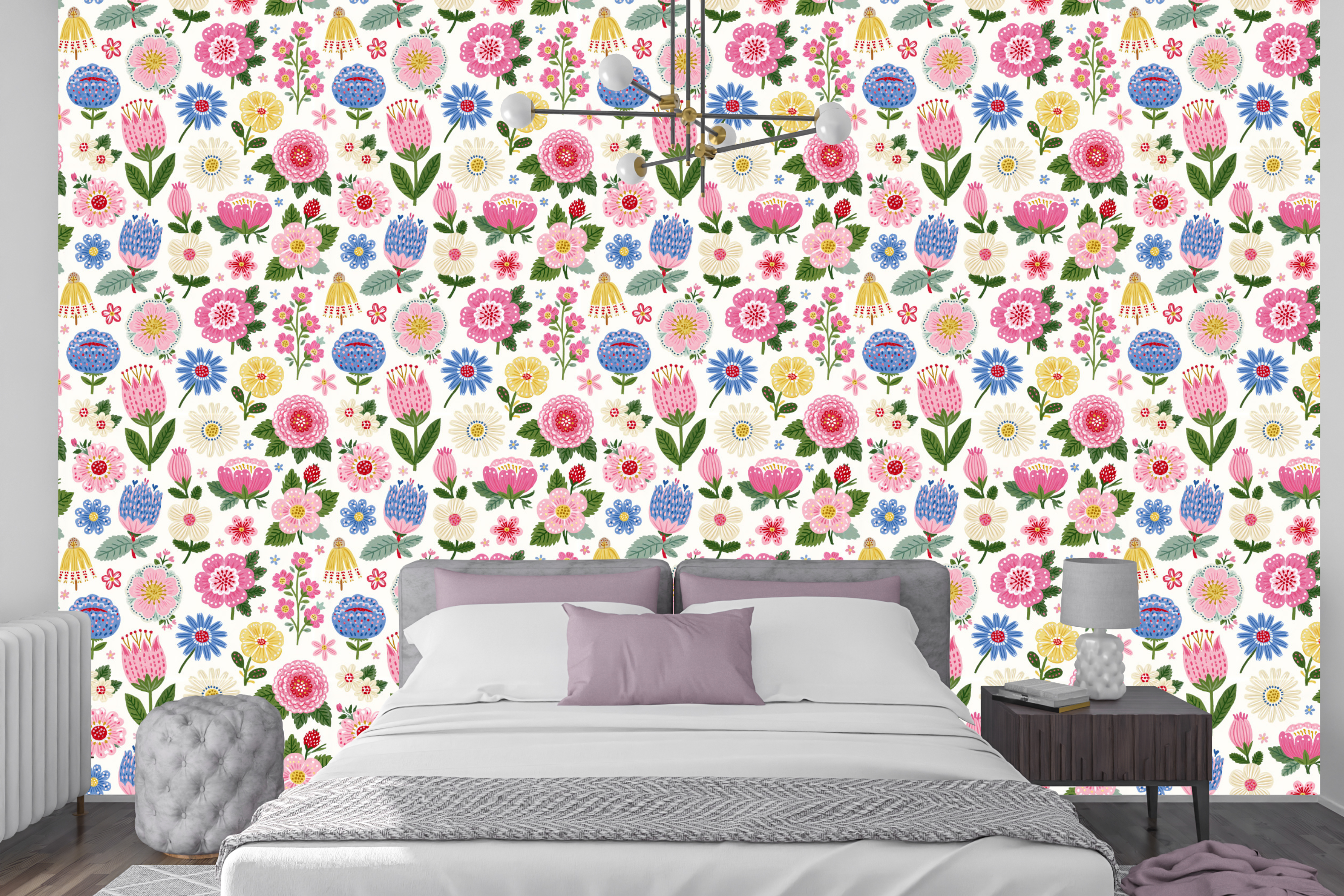 Elegant bedroom with floral wallpaper behind the bed.

