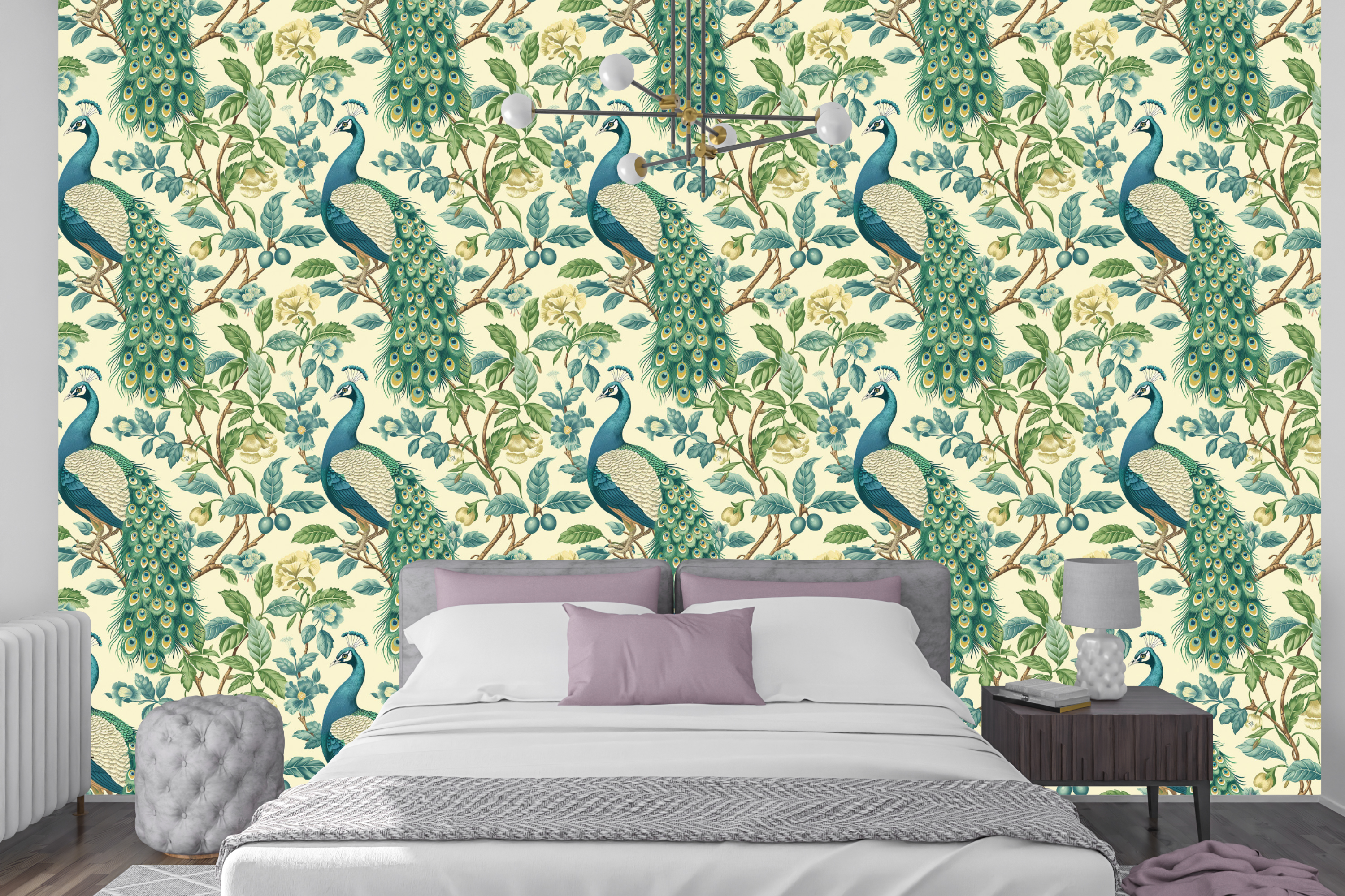 Chinoiserie Peacock Peel and Stick Wallpaper Botanical Bird Bedroom
