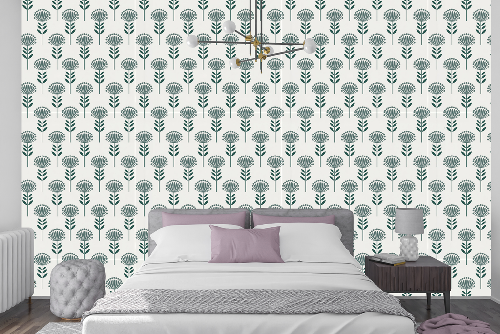 Calming dark teal repeating floral wallpaper creating a serene accent wall in a minimalist bedroom