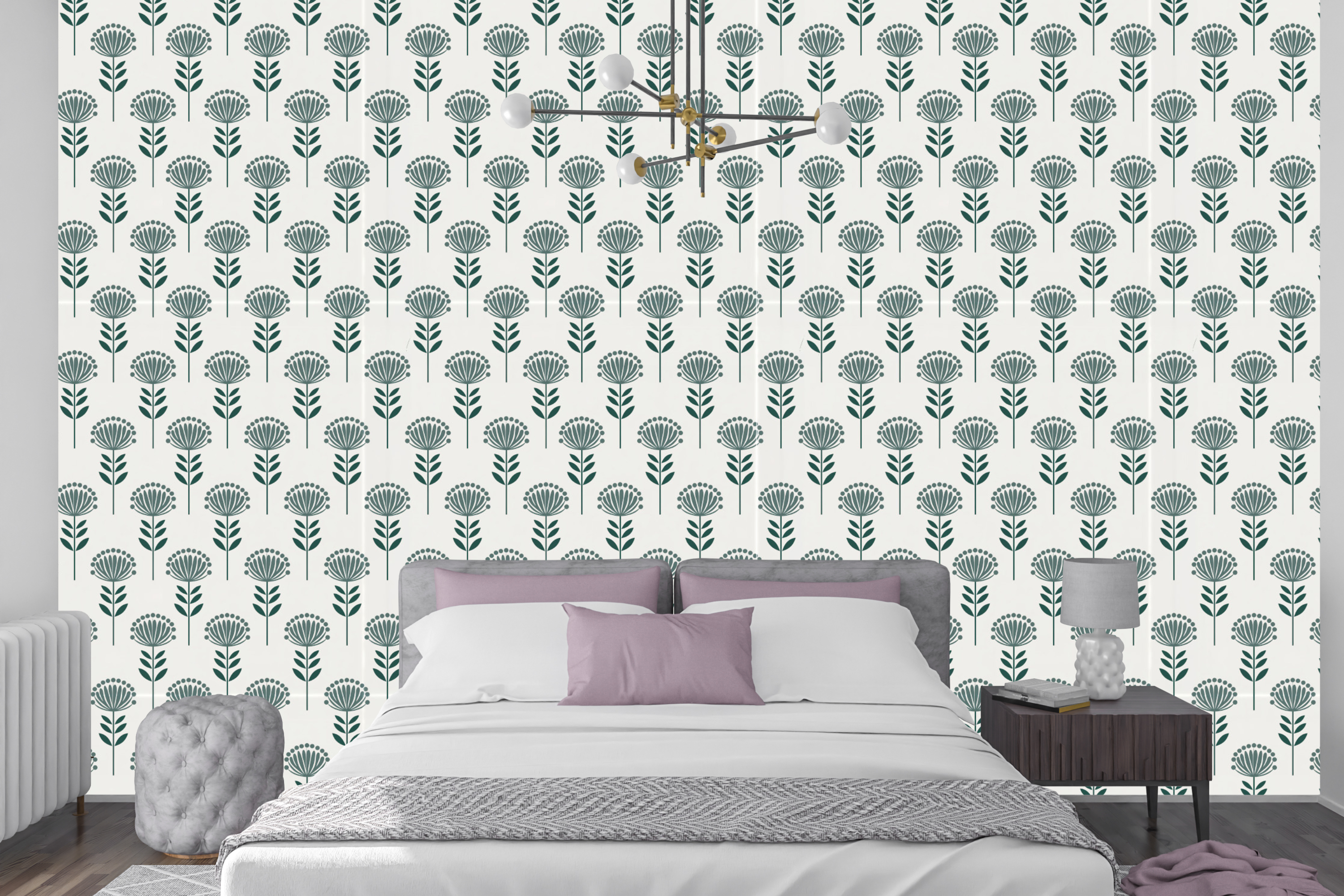 Calming dark teal repeating floral wallpaper creating a serene accent wall in a minimalist bedroom