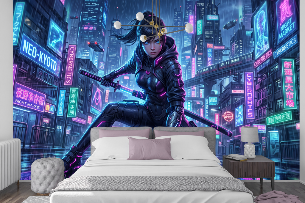 Cyberpunk Neon Samurai Girl Anime Mural  Futuristic Sci-Fi Cityscape Wallpaper