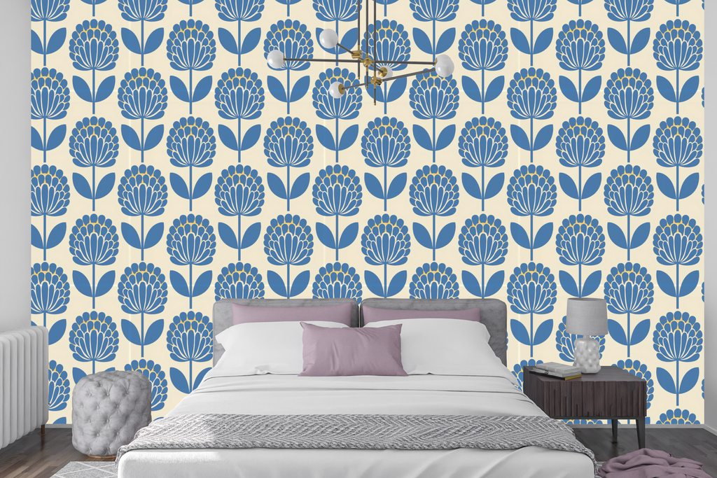 Vintage inspired blue floral wallpaper creating a calming accent wall in a modern cozy bedroom