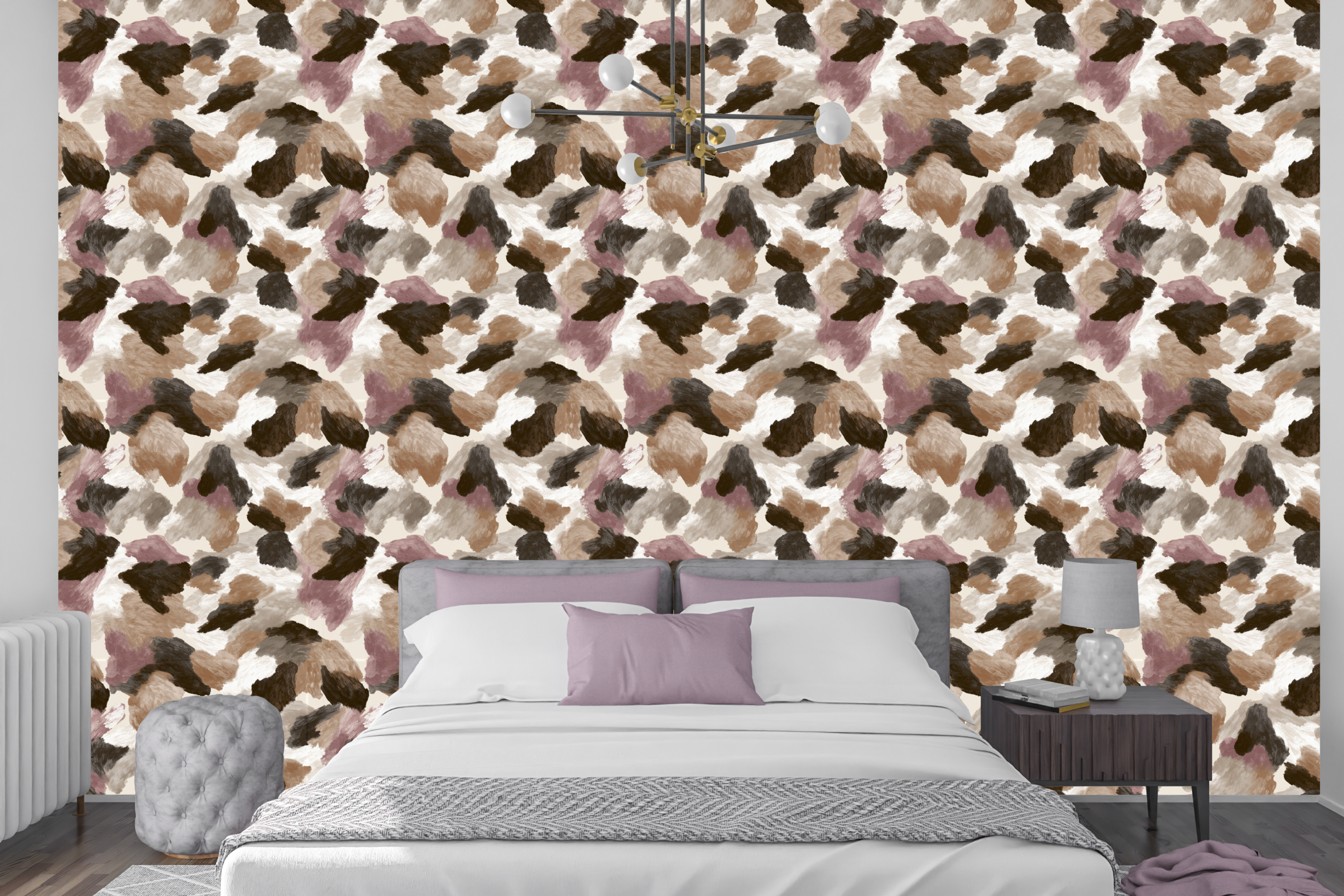 Warm taupe and mauve abstract painted wallpaper creating a cozy accent wall in a modern bedroom