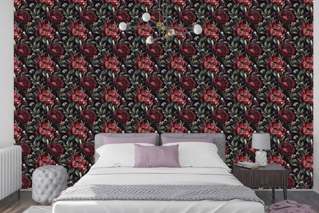 Dark gothic floral wallpaper featuring oversized burgundy and crimson peony blooms with golden stamens, faceted amethyst purple crystal gemstones, dark unopened buds, and moody sage green foliage on a deep near-black ground — premium mystical dark romantic wallpaper by WallpaperPixi