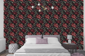 Dark gothic floral wallpaper featuring oversized burgundy and crimson peony blooms with golden stamens, faceted amethyst purple crystal gemstones, dark unopened buds, and moody sage green foliage on a deep near-black ground — premium mystical dark romantic wallpaper by WallpaperPixi