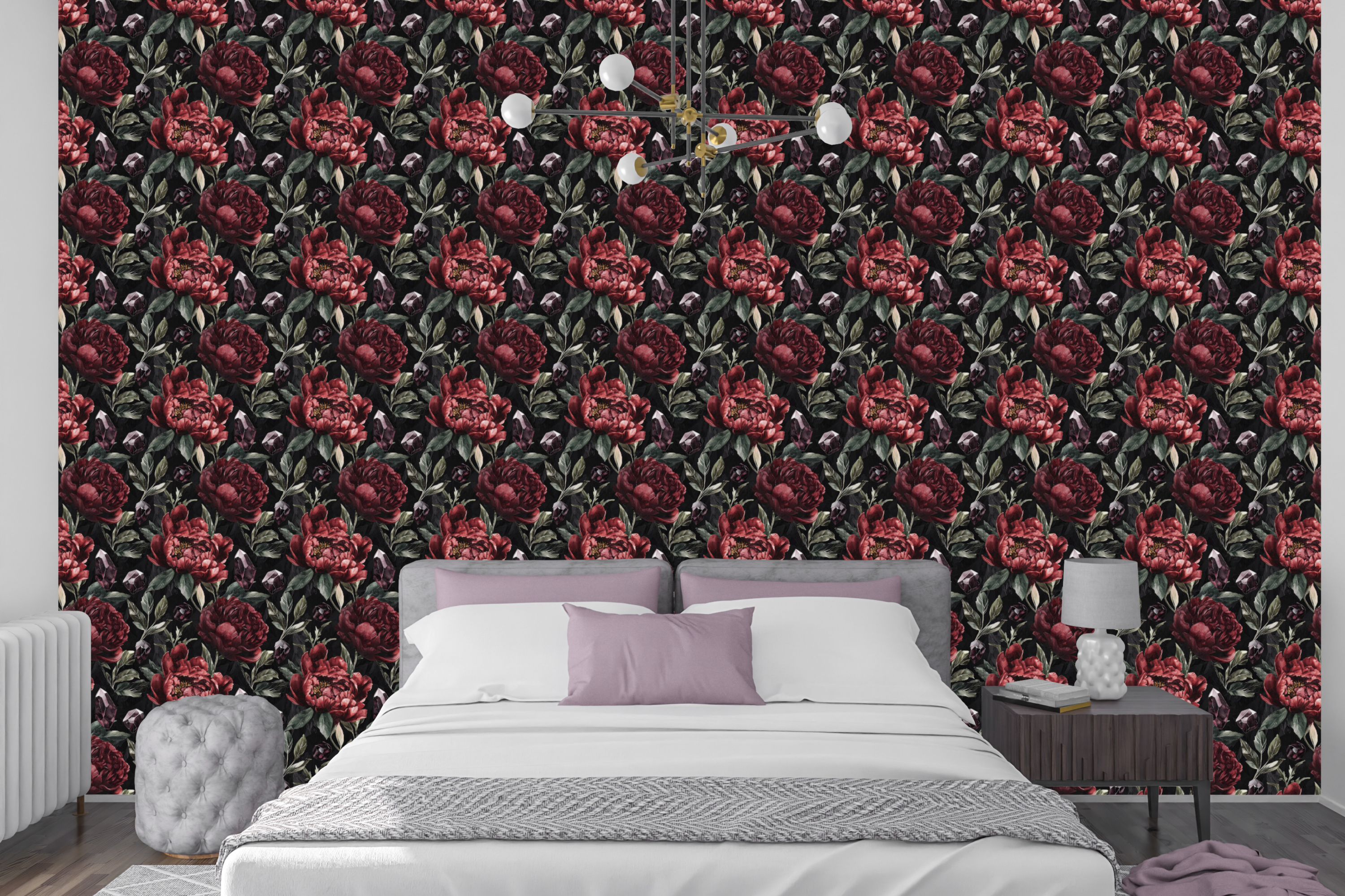 Dark gothic floral wallpaper featuring oversized burgundy and crimson peony blooms with golden stamens, faceted amethyst purple crystal gemstones, dark unopened buds, and moody sage green foliage on a deep near-black ground — premium mystical dark romantic wallpaper by WallpaperPixi