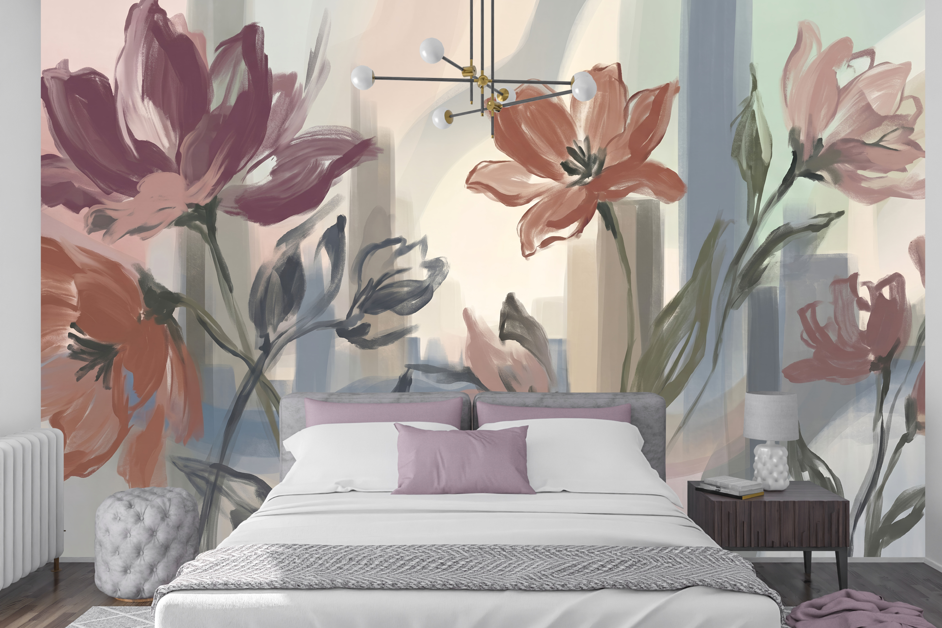Soft slate blue and dusty rose painted floral wallpaper creating an artistic accent wall in a bedroom