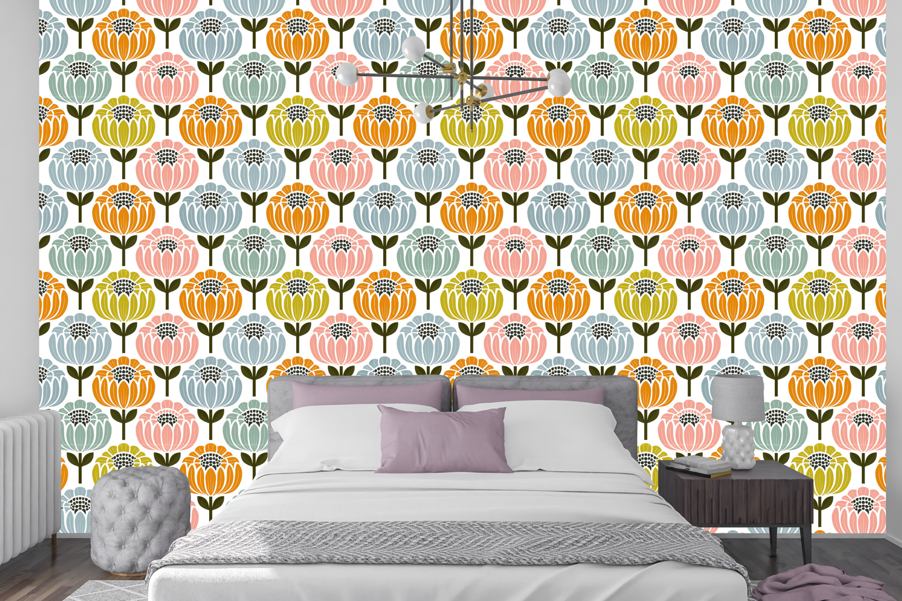 Cheerful orange blue and pink floral wallpaper creating a bright accent wall in a cozy room