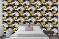 Black and gold jungle monkey wallpaper featuring stylised golden monkeys with tribal dot patterning, oversized white monstera fronds, banana leaves, and tropical palm foliage on a deep black ground — premium bold graphic tropical wallpaper by WallpaperPixi