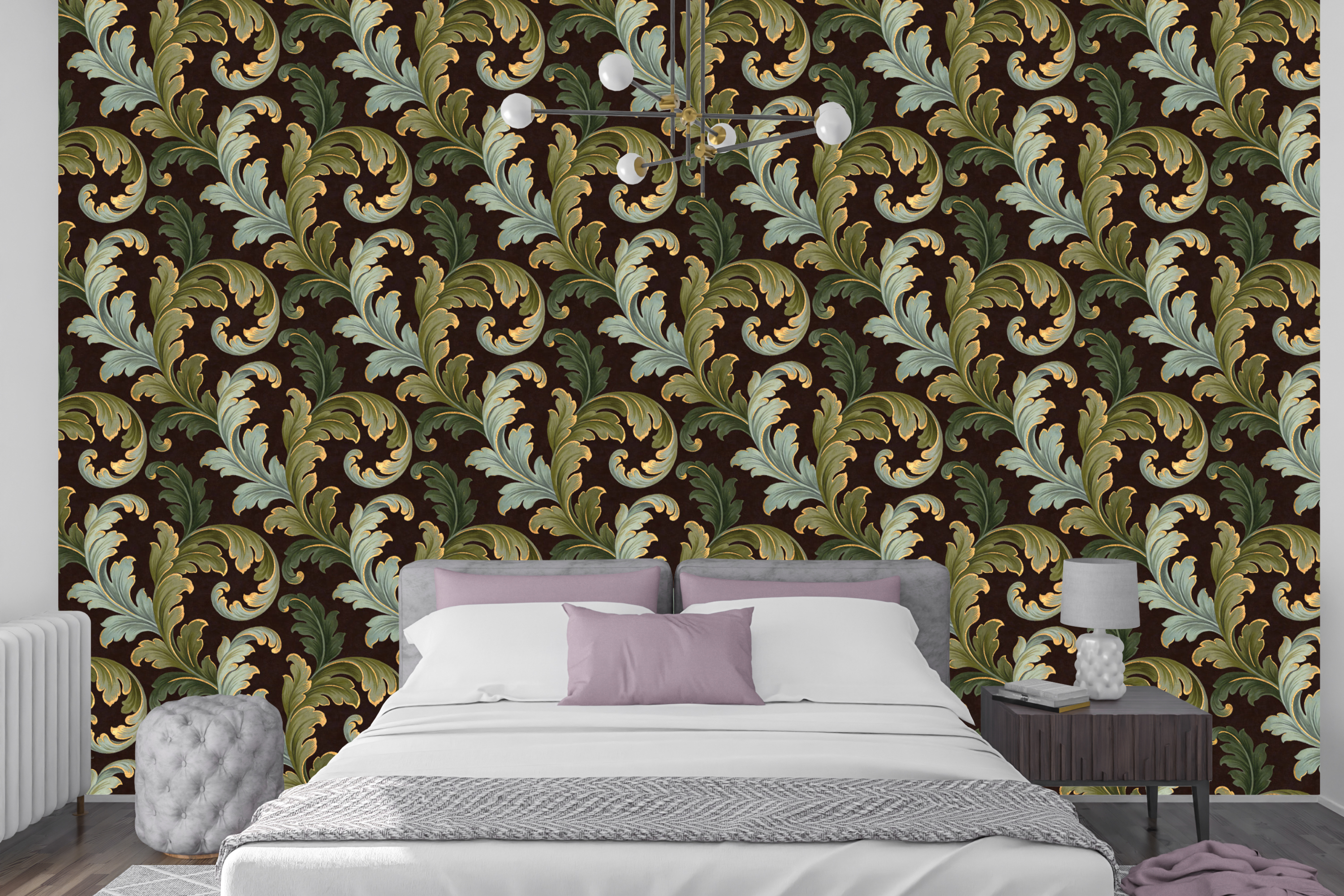 Baroque Green Acanthus Peel and Stick Wallpaper Dark Bedroom Wall Decal