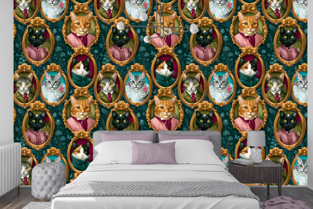 Victorian Whimsical Cat Portrait Peel and Stick Wallpaper