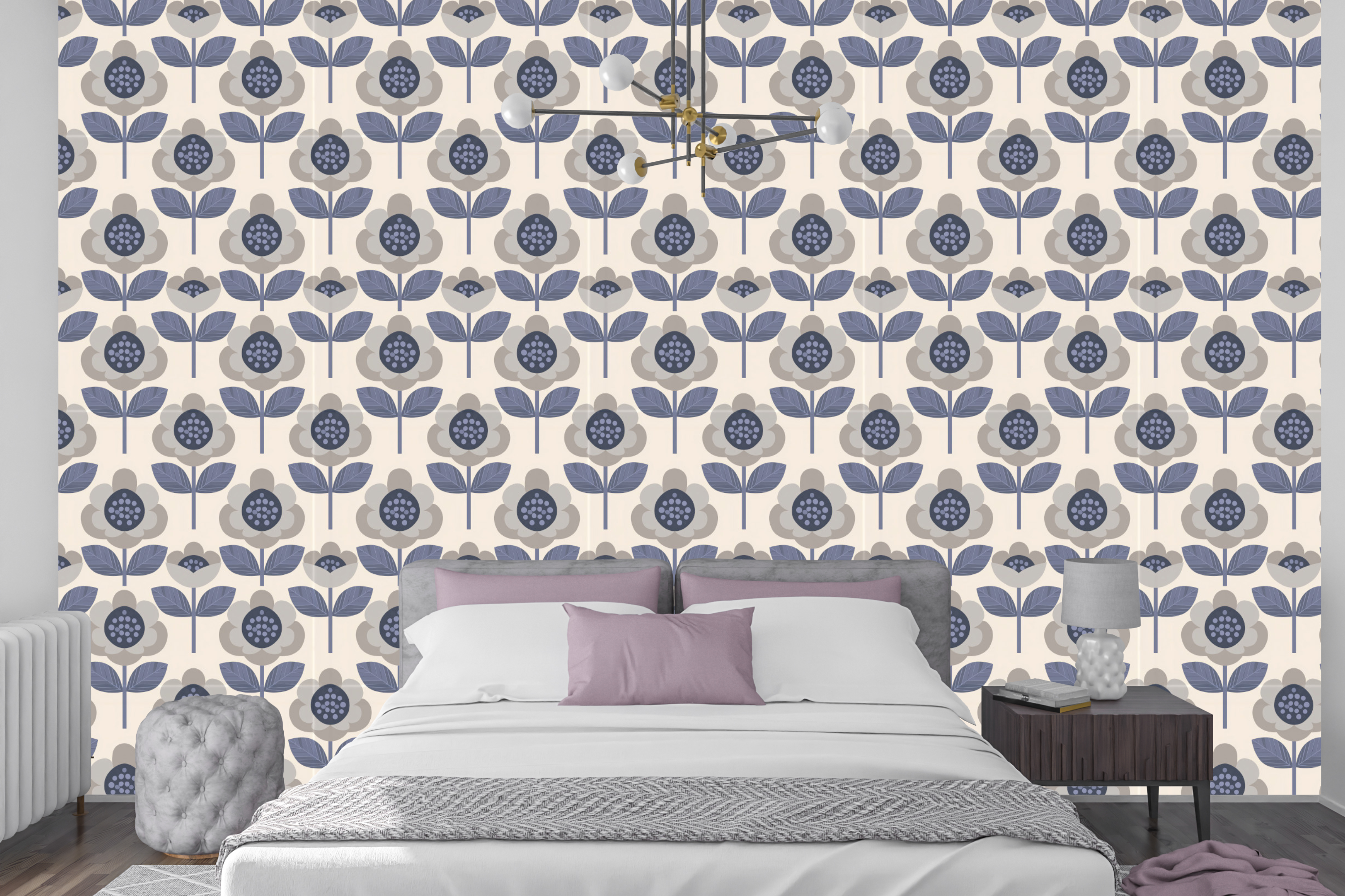 Calming slate blue and warm gray floral wallpaper creating a serene accent wall in a cozy bedroom