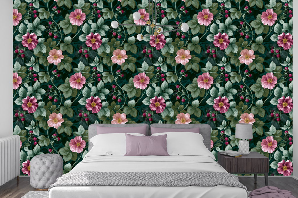 Dark Teal Wild Rose Wallpaper Vintage Cottagecore Botanical Bathroom Wall Decal