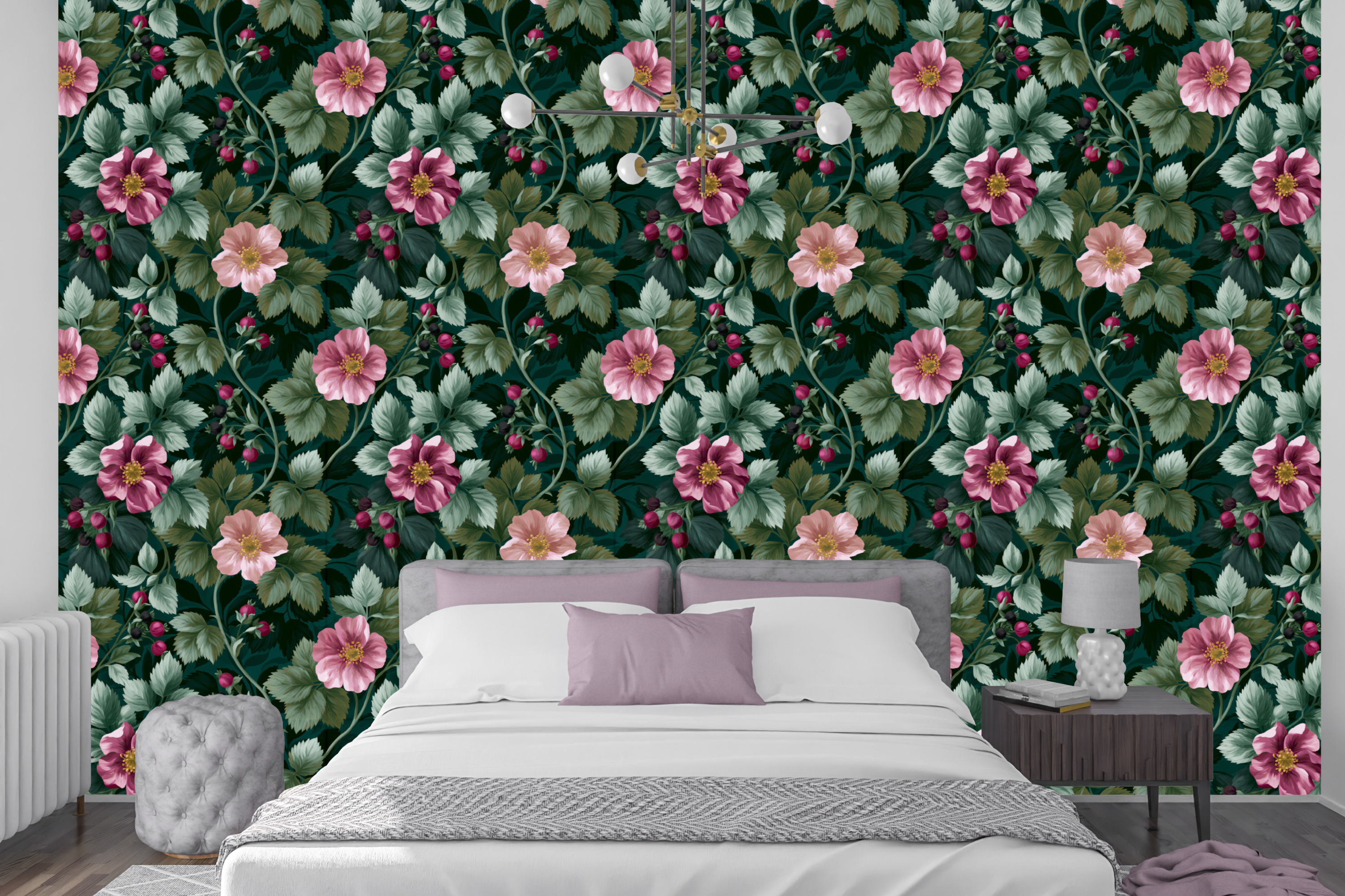 Dark Teal Wild Rose Wallpaper Vintage Cottagecore Botanical Bathroom Wall Decal